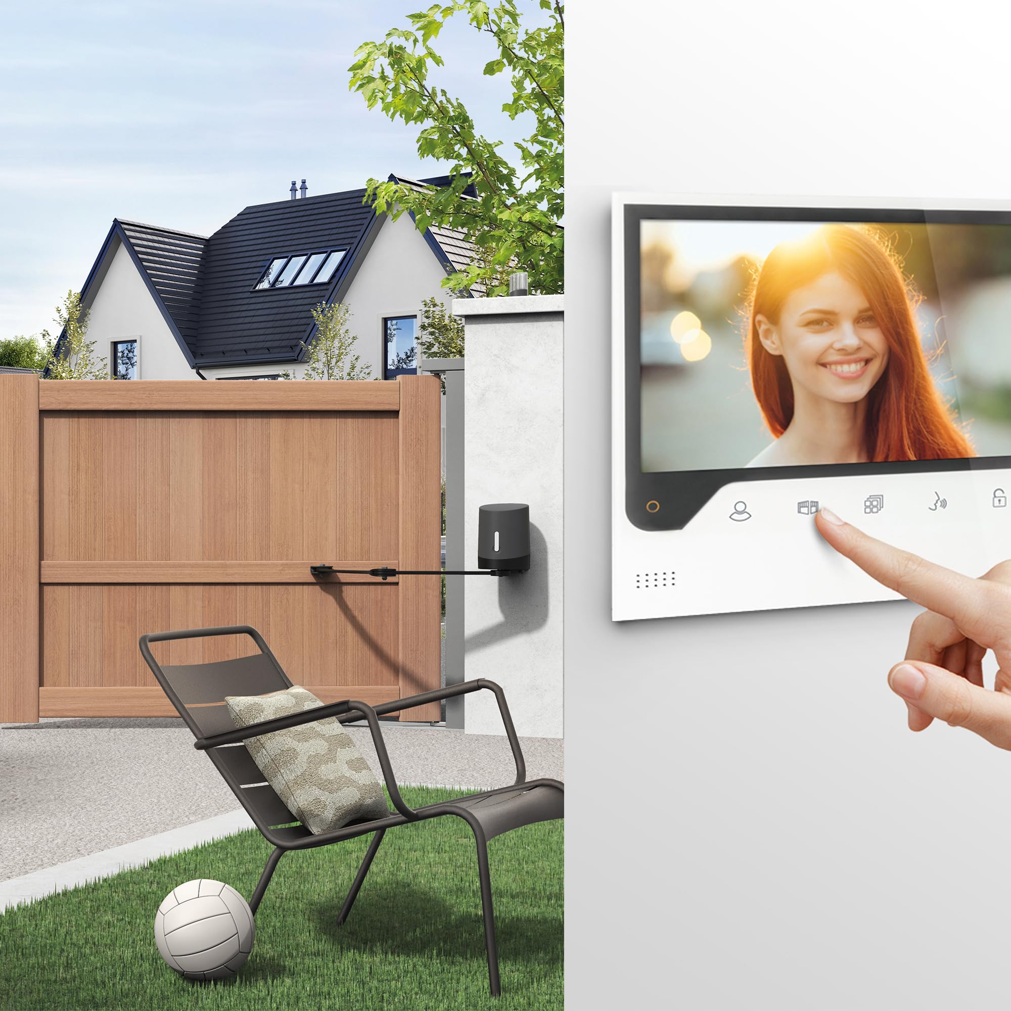 Kit Avidsen para Puerta Batiente con Videoportero WiFi y 4 Mandos | Portón de hasta 5 m/500 kg, monitor 7", App Avidsen Home, WiFi 2,4/5 GHz, 4 mandos, fotocélulas y luz intermitente.