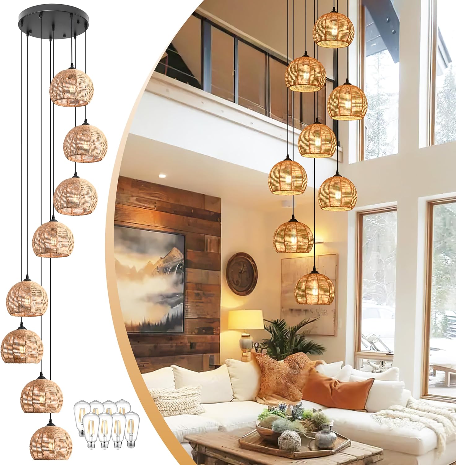 8-Light Woven Foyer Chandeliers for High Ceiling H100",8 Dome Boho Rattan Pendant Lights Farmhouse Ceiling Light,rustic Hemp rope Light Fixture For Living Room Hallway Staircase Entryway (Bulb Incl. 16" Natural 8-Light
