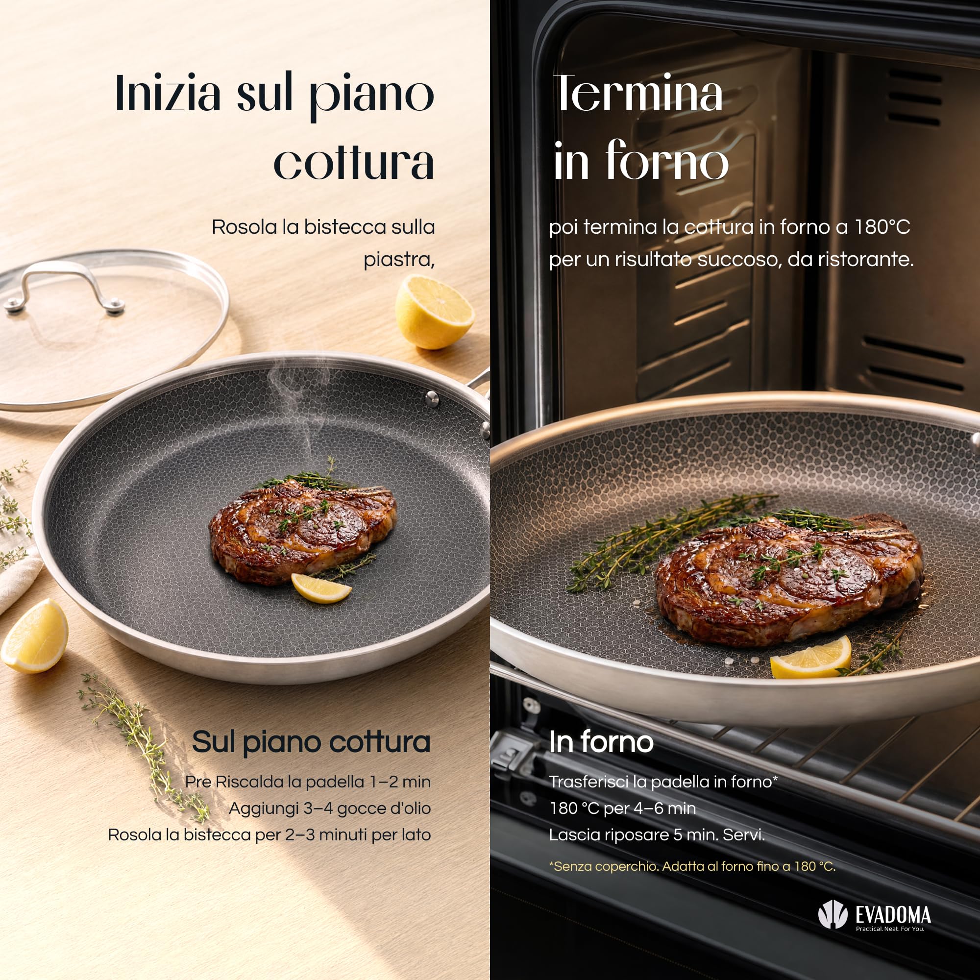 Padella in acciaio inox da 28 cm con coperchio in vetro, padella rivestita a nido d'ape, per tutti i tipi di piani cottura, inclusa induzione, padella antiaderente priva di PFOA, adatta per