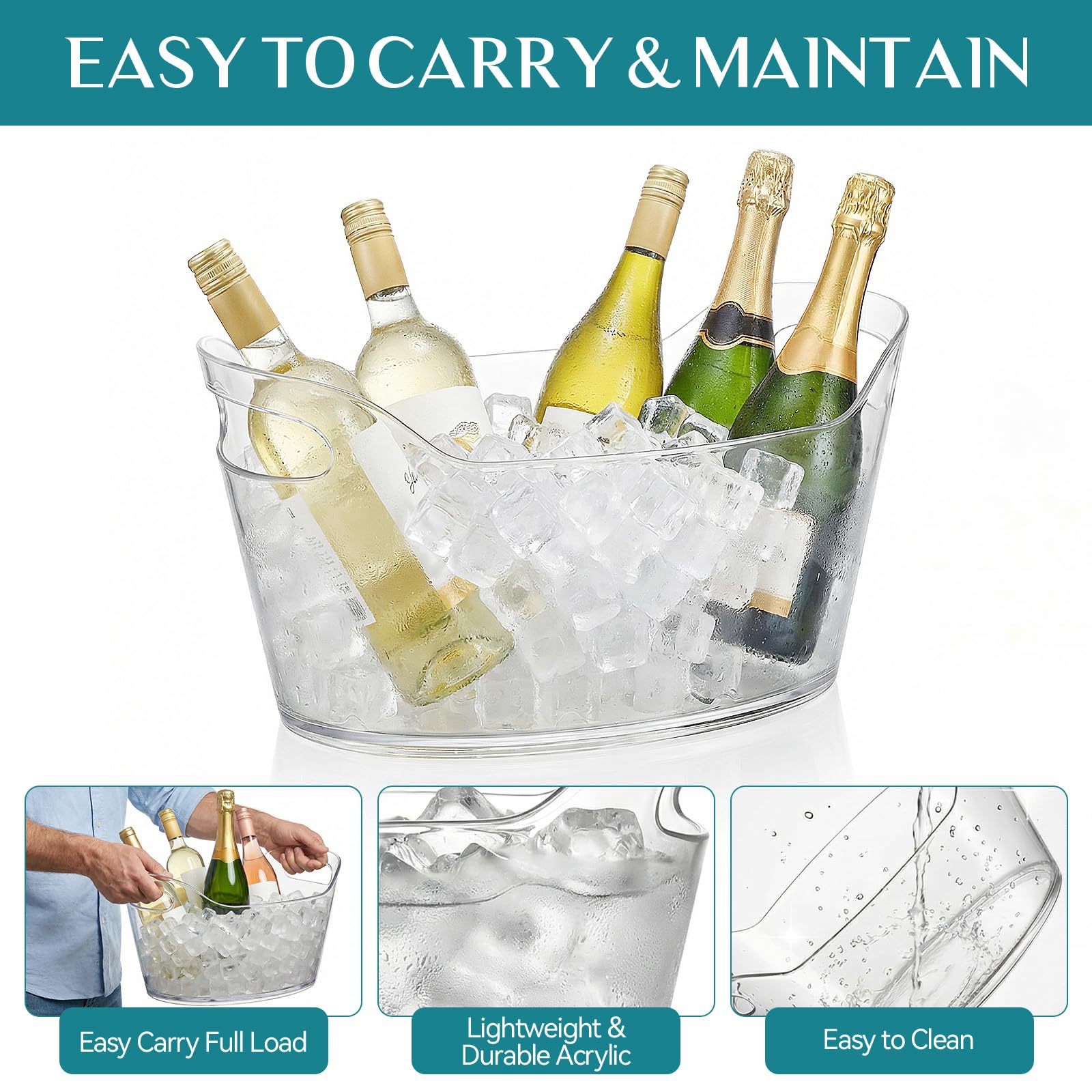 2 x 6,5 l Eiskübel für Partys, Kunststoff-Getränkewanne, transparenter Eiskübel mit 2 Schaufeln, Acryl-Eiskübel für kalte Bier, Limonaden, Champagner, Wein, großer Eiskübel für Cocktailbar, Hochzeiten