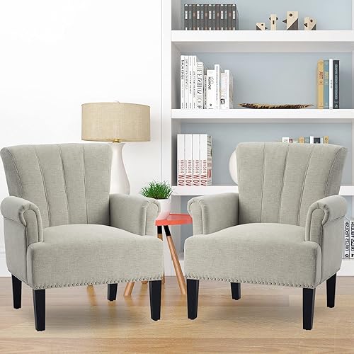 Miniatura 8 de Henf Silla Accent con remaches de poliéster, silla de sala de estar, sofá individual, silla de barril con patas de madera de goma, silla tapizada