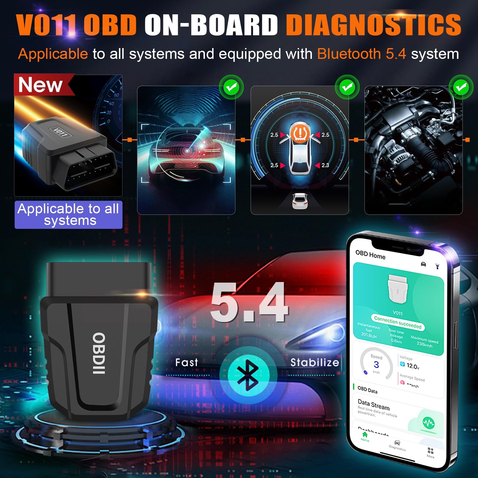 Skaner OBD2 ulepszony bezprzewodowy czytnik kodu samochodu z automatycznym wykrywaniem silnika Bluetooth 5.4, mini narzędzie do automatycznej diagnostyki dla iOS Android i Windows