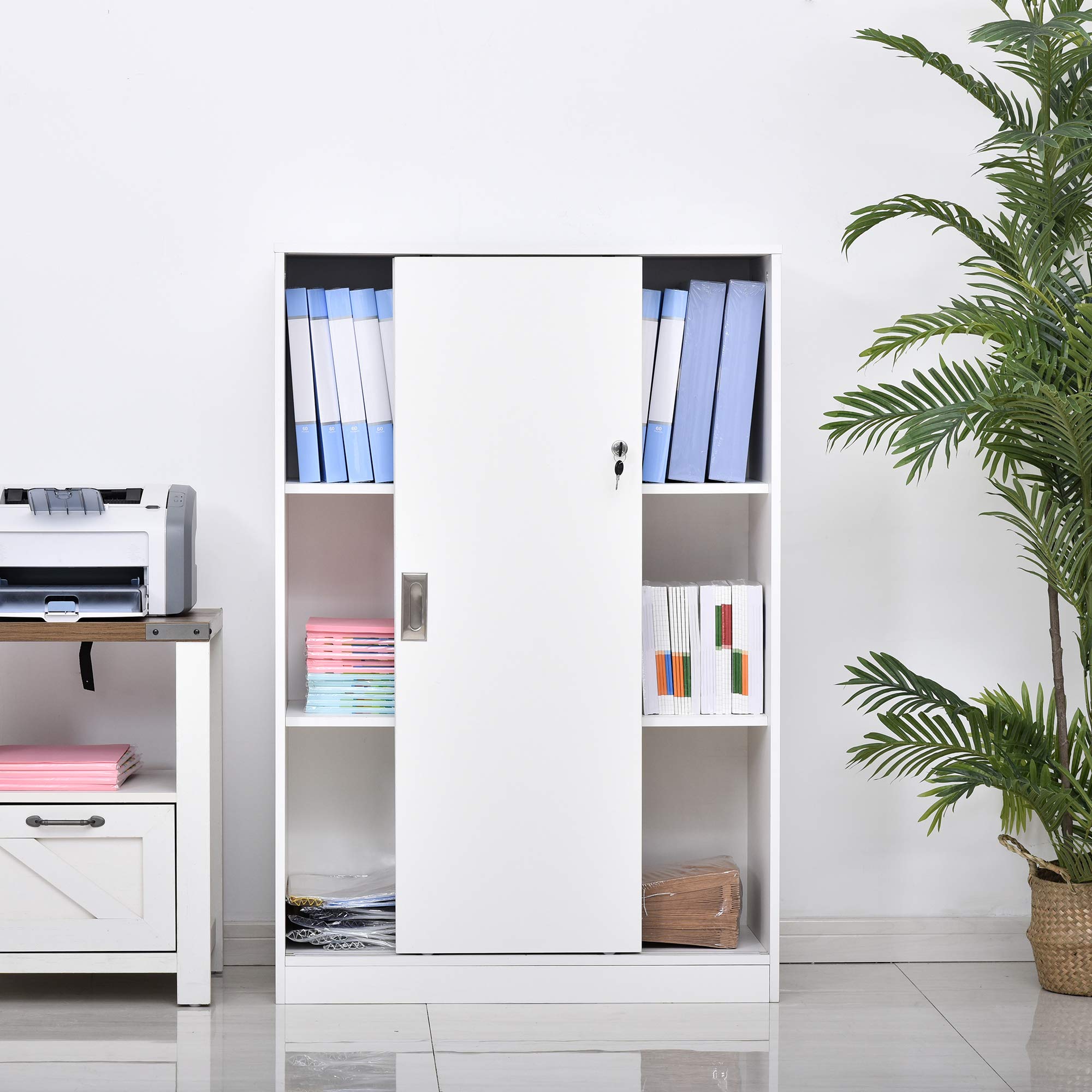 HOMCOM Aktenschrank, Büroschrank mit Türen, großer Bürocontainer mit 3 Regal und 2 Fächern, Aufbewahrungsschrank, E1 Spanplatte, Weiß, 80 x 40 x 120 cm