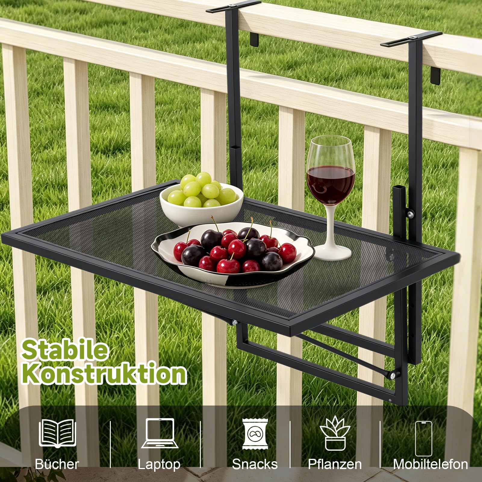 papasbox Table de balcon pliable - 60 x 40 cm - Réglable en hauteur sur 5 niveaux - Table suspendue pour balcon et terrasse