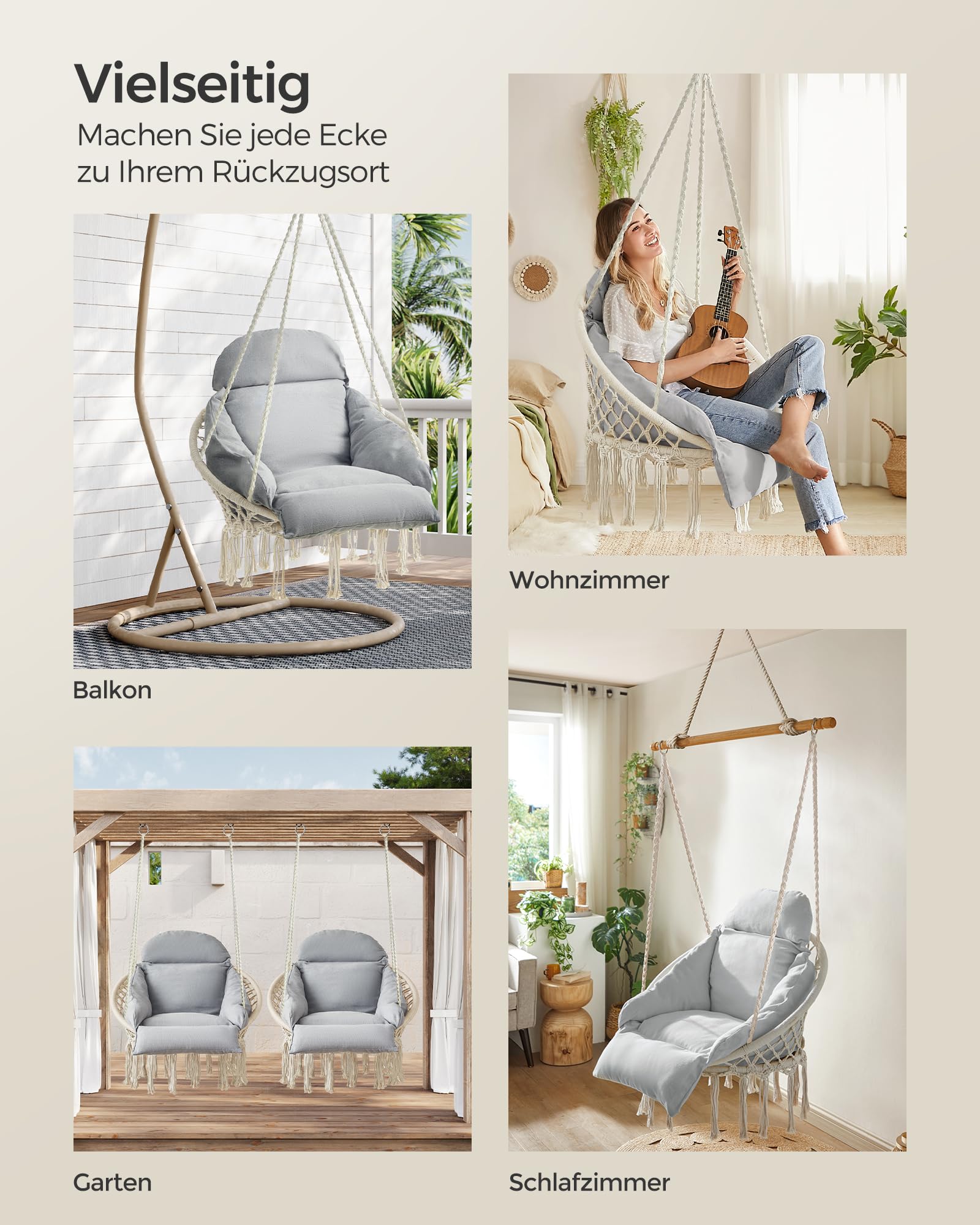 SONGMICS Hängesessel, Dickes Kissen, bis 120 kg belastbar