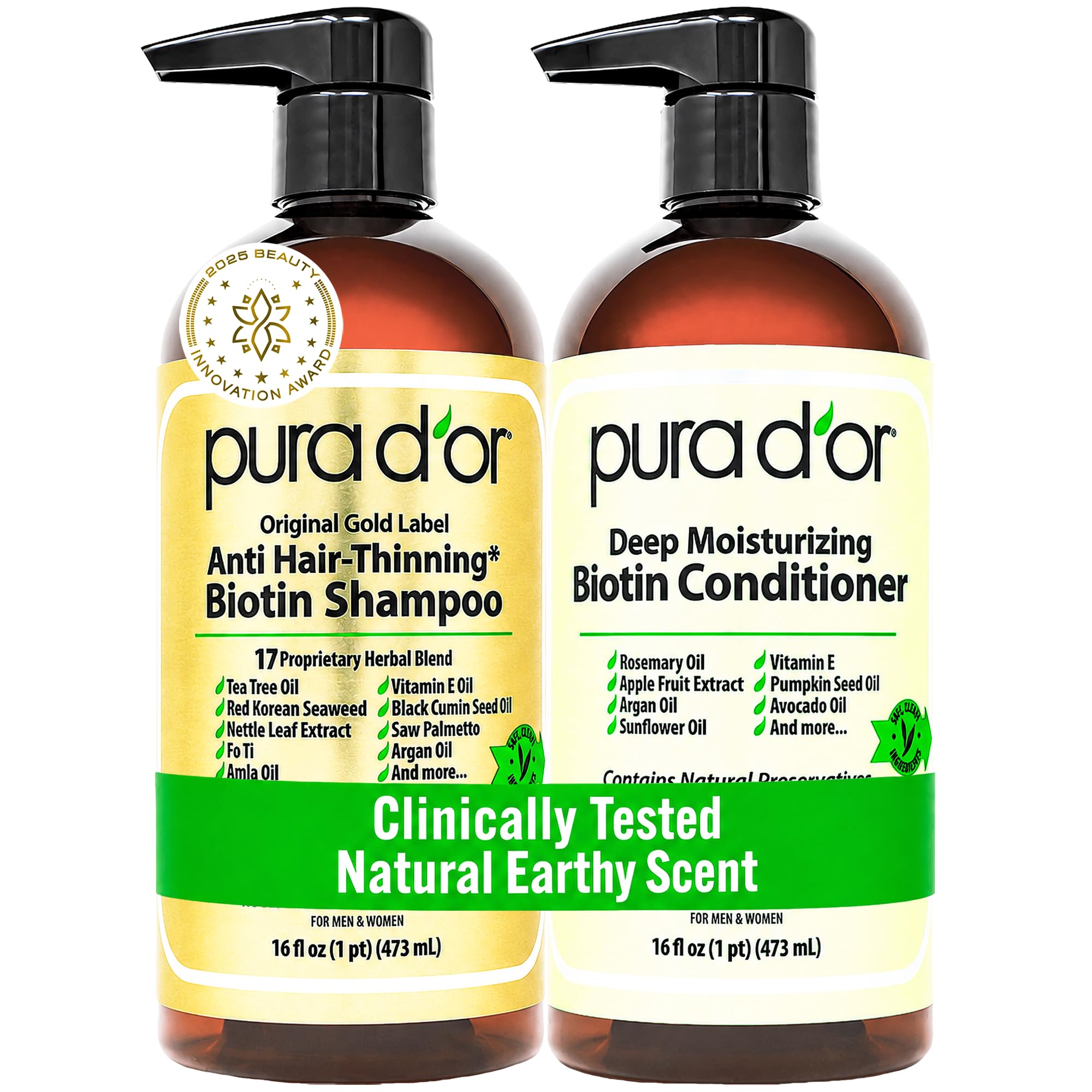 Photo 1 of PURA D'OR Anti-Thinning Biotin Shampoo & Hair Regrowth Conditioner, CLINICALLY TESTED Effective Results, Thickening Herbal Blend For Women & Men, Original Gold Label Set, Natural Earthy Scent, 16oz x2