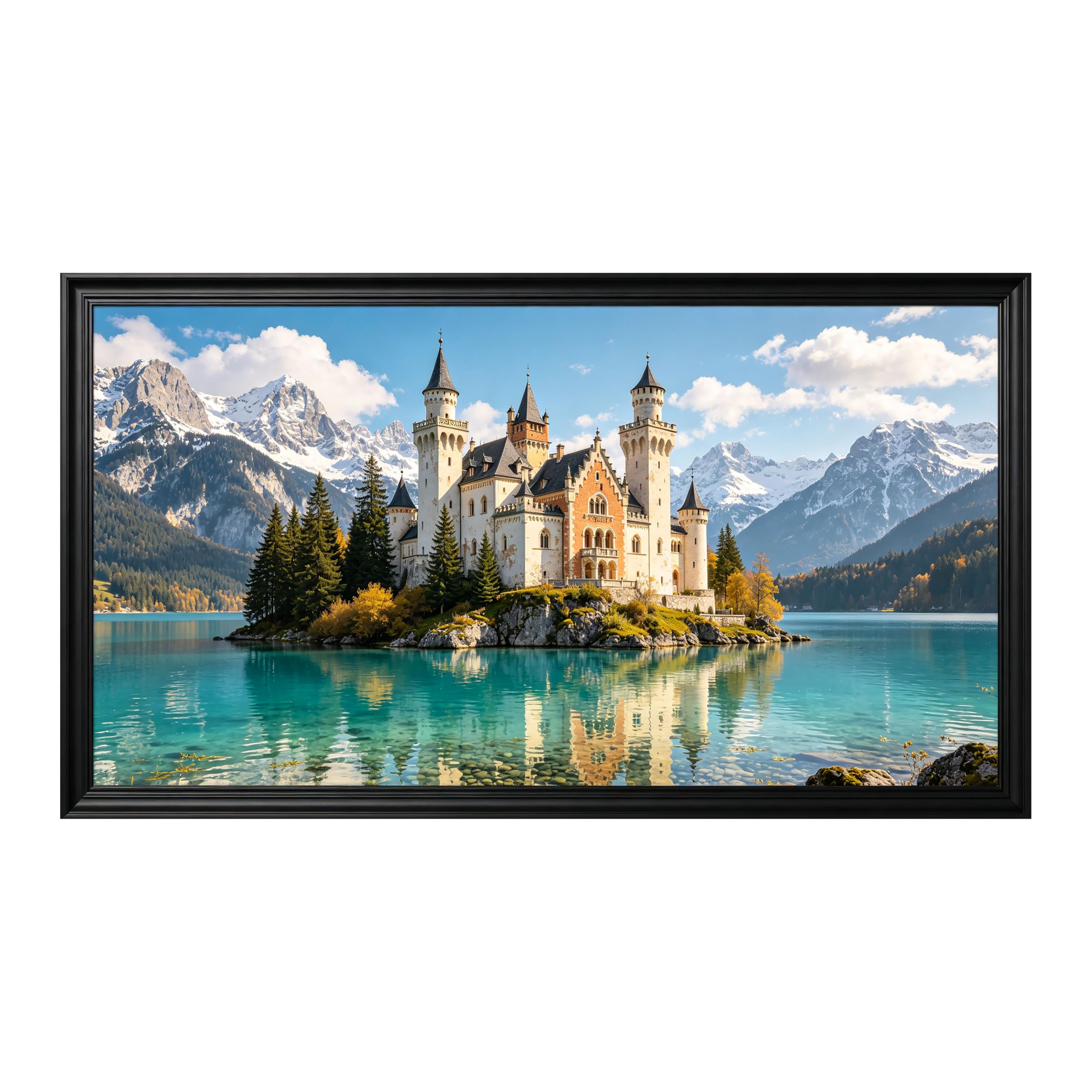 Yzpallescene 3D Framed Wall Art Alpine Castle Lake Landscape European Classic Panoramic Large Size SelfAdhesive Removable Wall Decor Prints Artwork for Living Room Bedroom Office