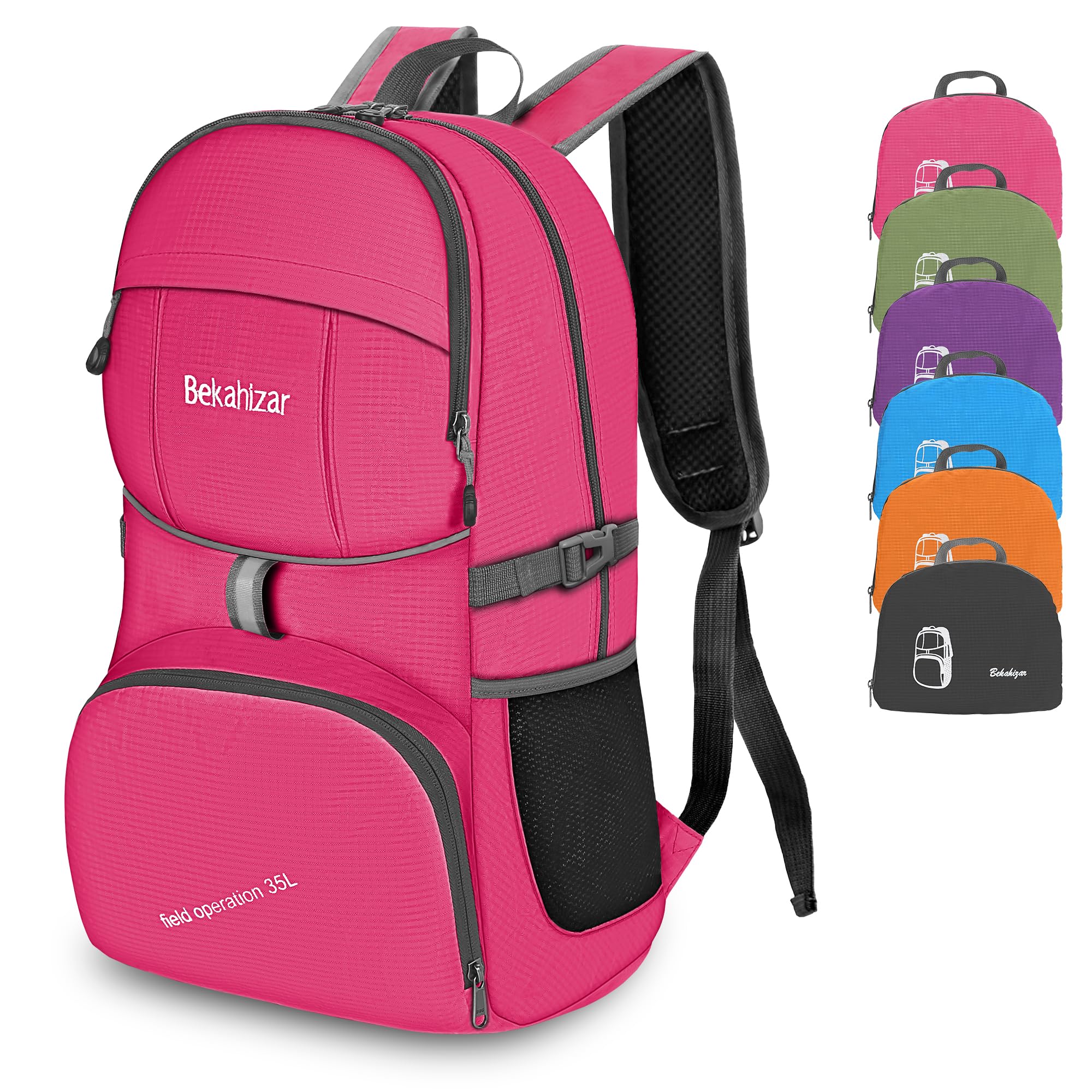 Lightweight Foldable Backpack 35L Hiking Rucksack Daypack Packable Travel Day Bag for Men Women Teens Outdoor Sports Walking Camping Travelling Cycling (Hot Pink)