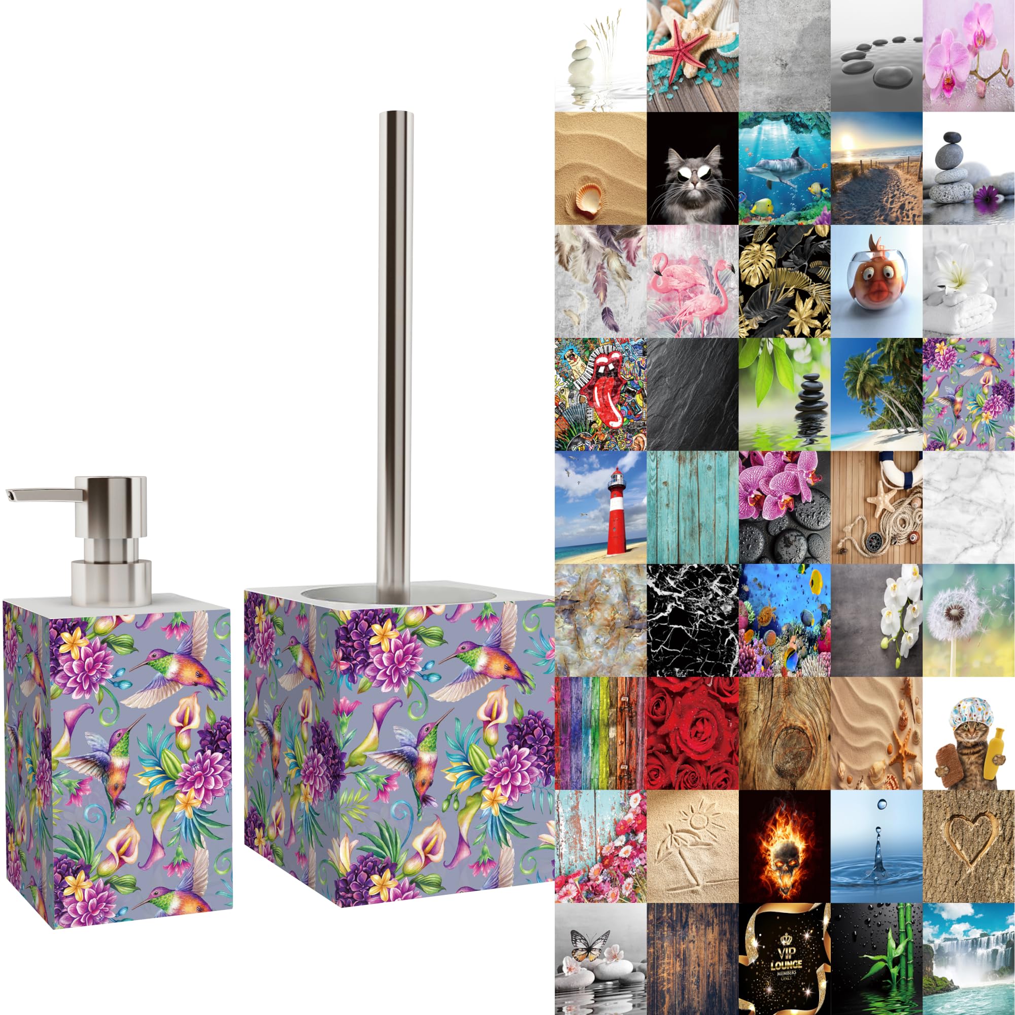 Premium Bathroom Set | Great Range | Soap Dispenser and Toilet Brush | Beautiful designs surface (Hummingbird)