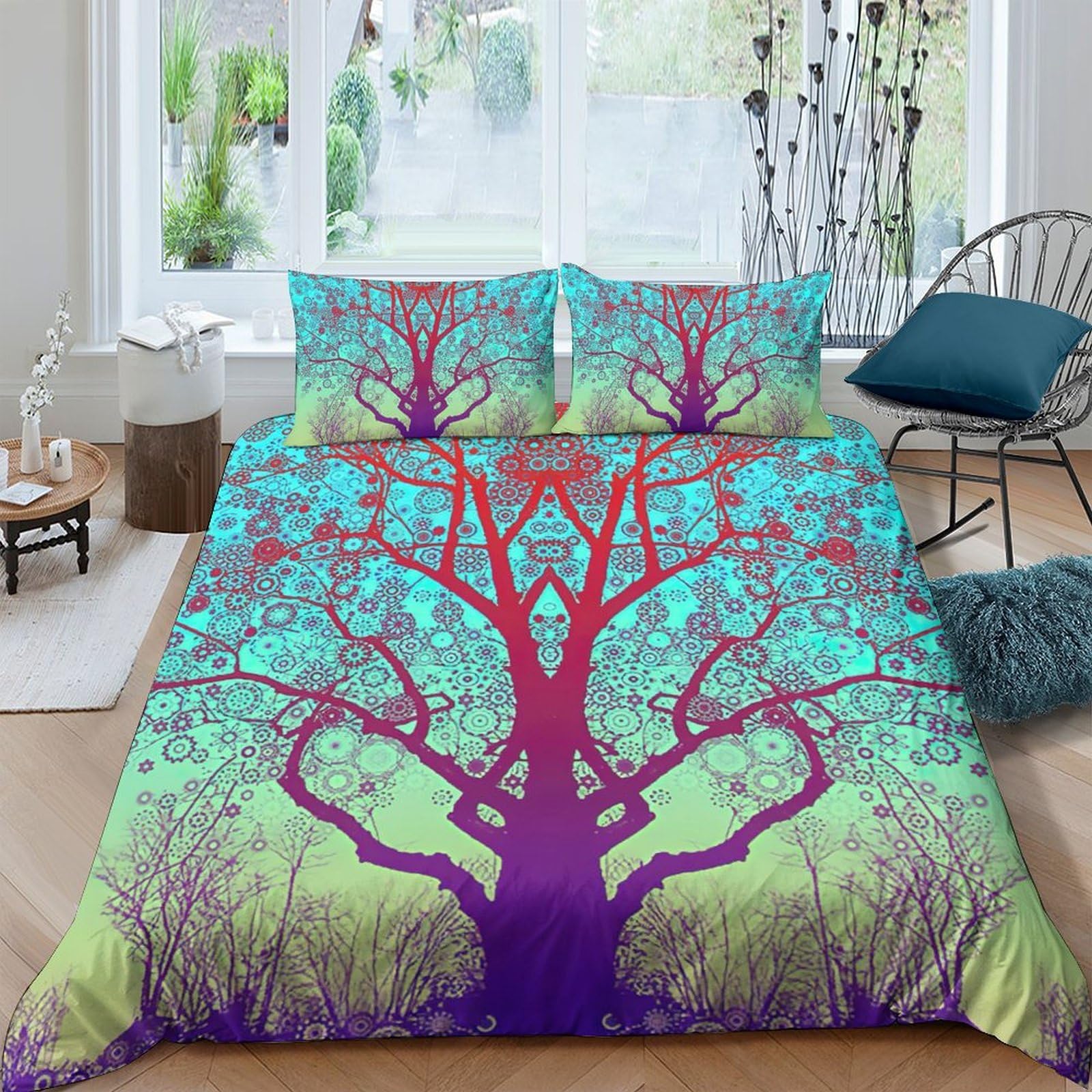 Ctjqhvkz Style-10 3D Printed Tree Of Life Fitted Sheet Microfiber Soft Gradient Forest Mattress Cover Bedroom Dorm Room Mattress Protector Single（135X200cm）