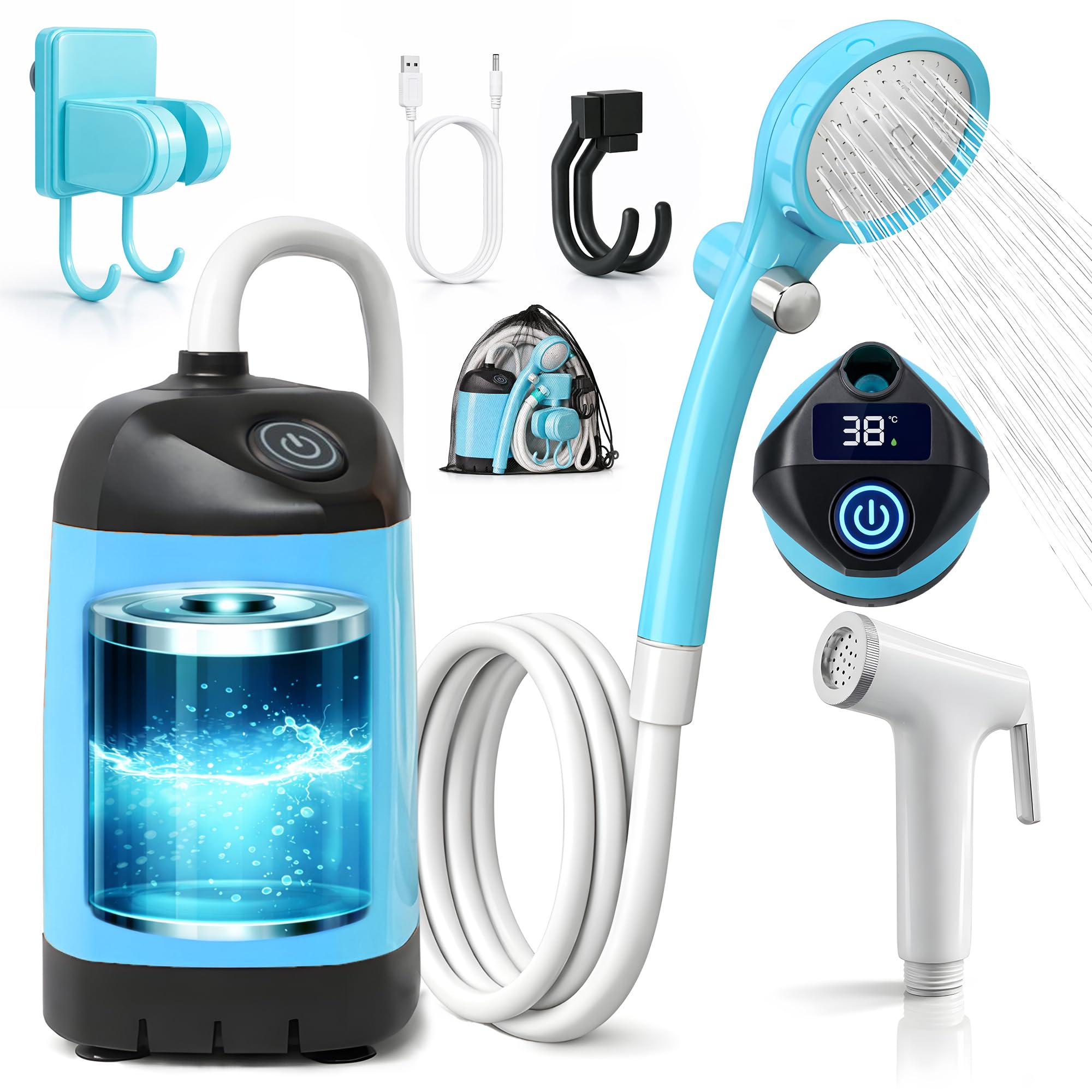 Ducha Portatil Camping - Duchas de Camping al Aire Libre - Duchas Acampada con Bomba IPX7 Impermeable & Batería 4500mAh Recargable - Ducha para Senderismo - Lavado Autos - Mascotas - Baño.