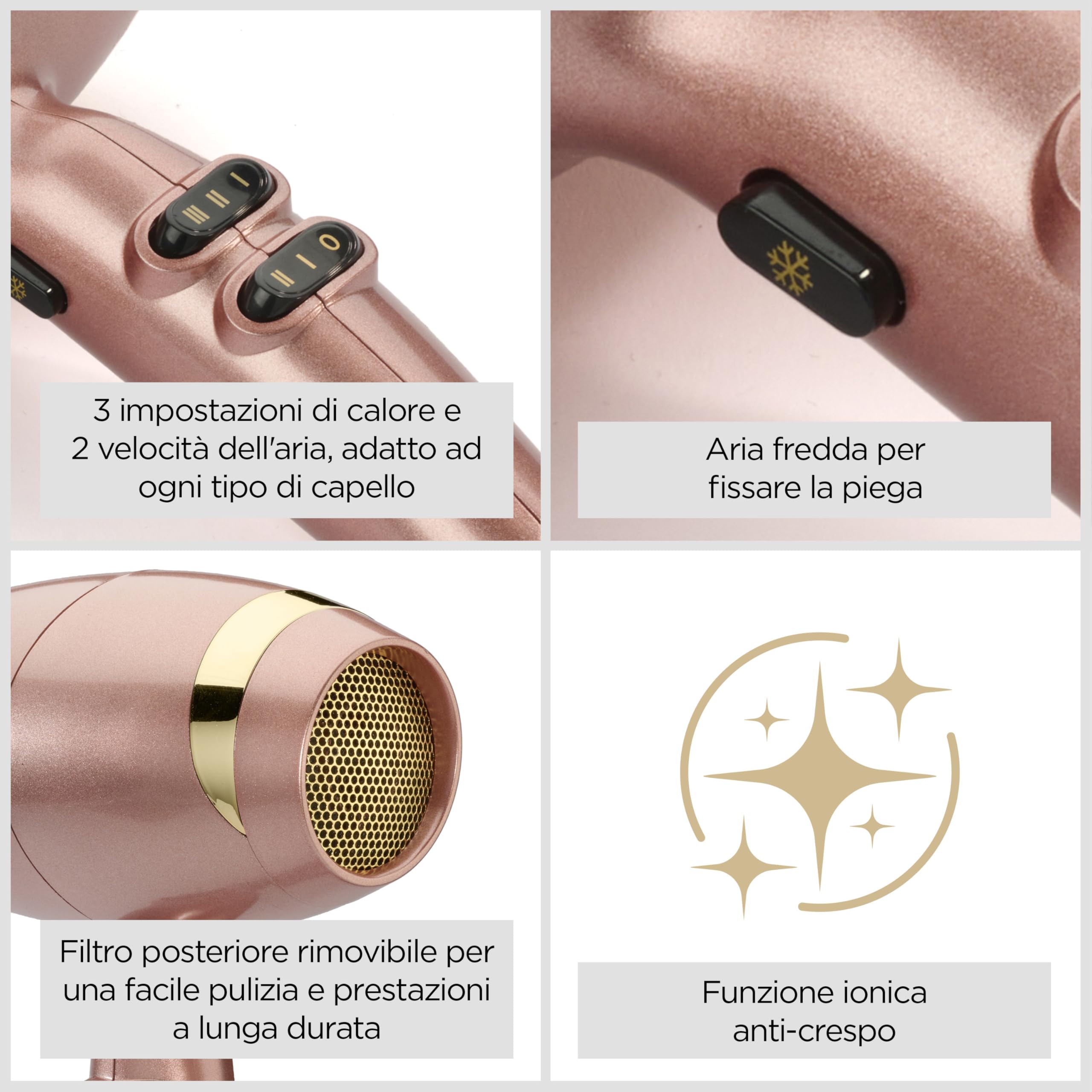 BaByliss Asciugacapelli Rose Gold, 2100W Phon Capelli Professionale, Funzione ionica anti-crespo, asciugatura rapida, leggero, 3 impostazioni di calore, 2 velocità, Rose Gold, 5336PE