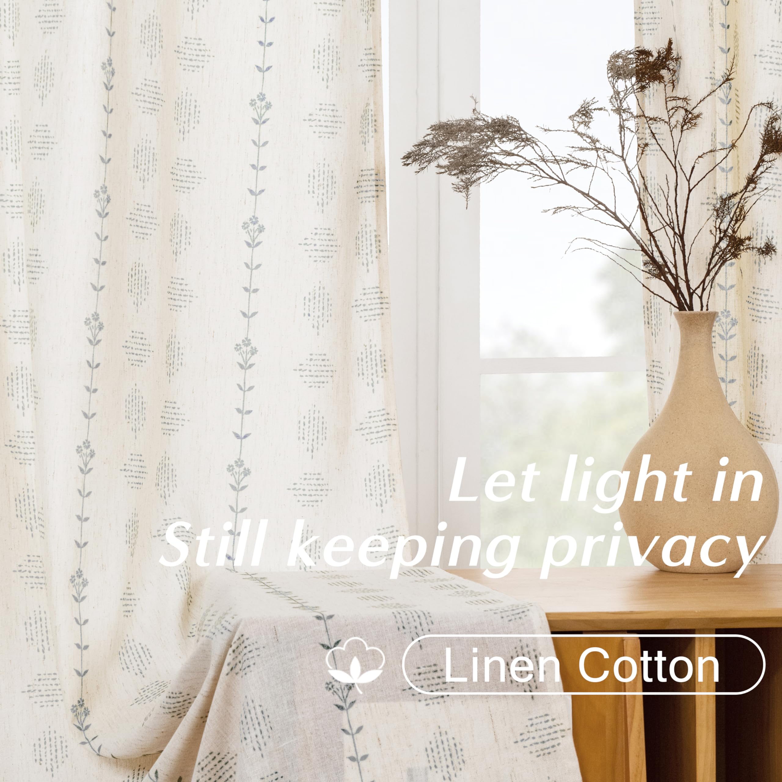 Elegant Curtains for Living Room,White Sheer Linen 8 FT Long Curtains with Design,Light Grey