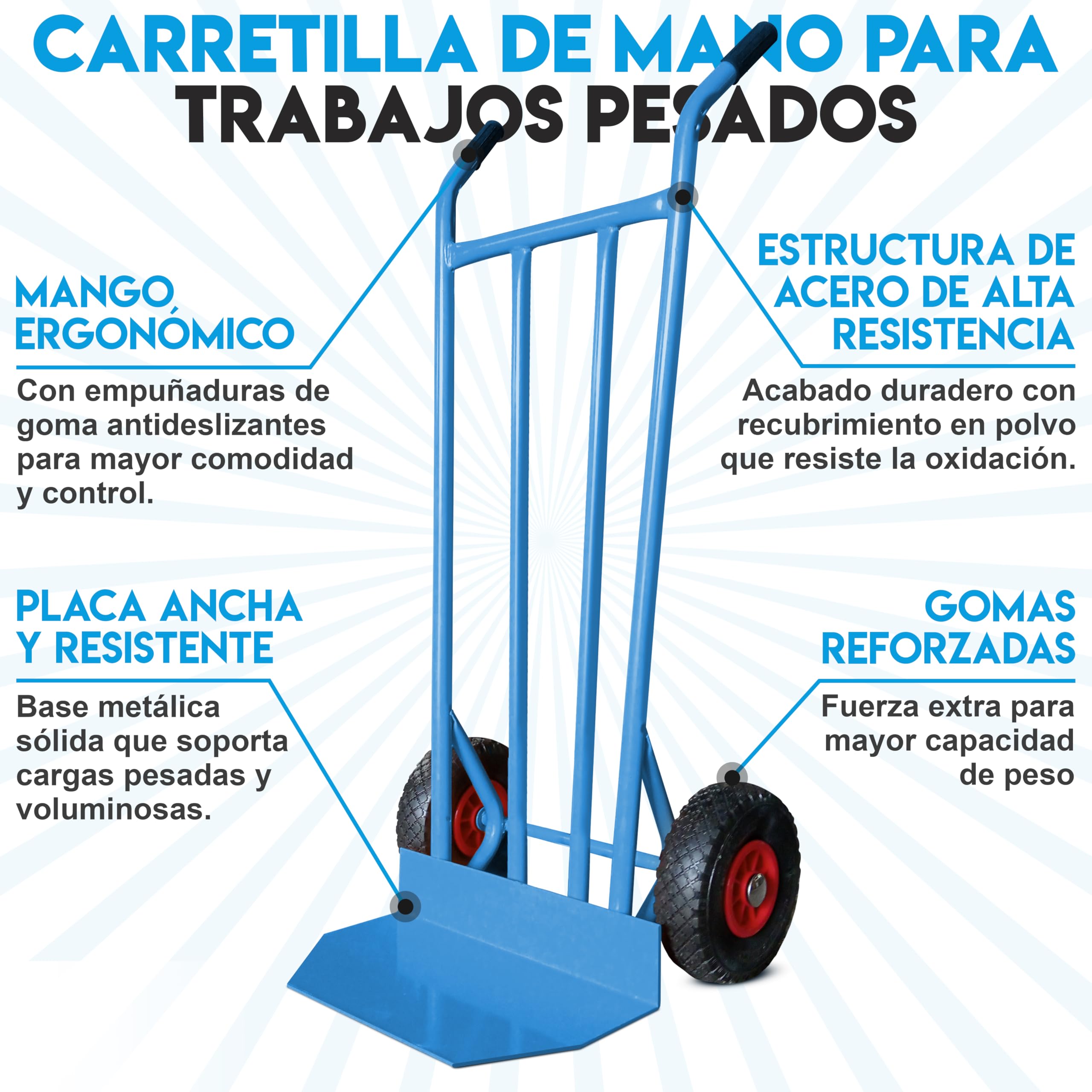 Carretilla de Mano 350 kg Industrial con Estructura de Acero y Ruedas reforzadas neumaticos hinchables Carro de Carga Cajas almacen Muebles Jardin y Obras Carrillo de Seguridad Azul metalico