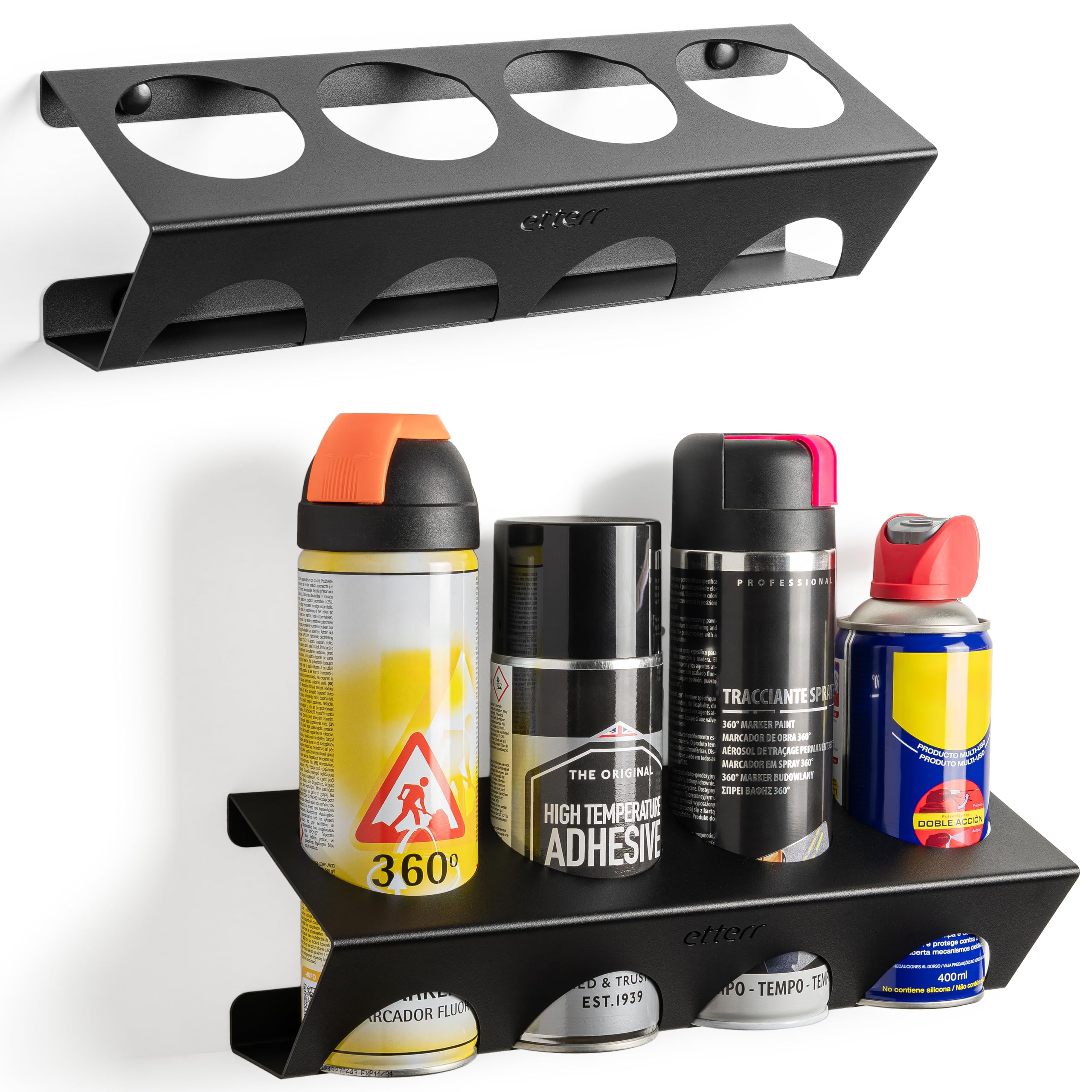 Soporte de Pared para Sprays y Aerosoles Ø65 mm | 100 % Acero Reforzado | Organizador Estantería Balda Taller, Garaje, Furgoneta | Fabricado en Europa | 400 ml | 500 ml | 366 g | 4 Botes