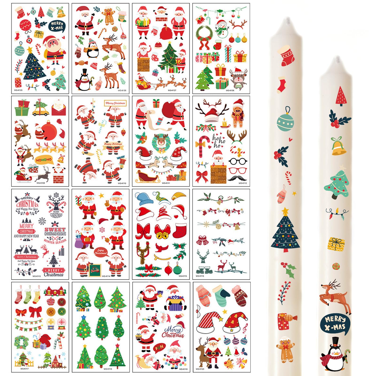 Bzzerumy 16 tatuajes para velas de Navidad y Navidad, lámina para velas y pegatinas para decoración navideña, pegatinas estáticas con motivos festivos, decoración individual de velas de Navidad