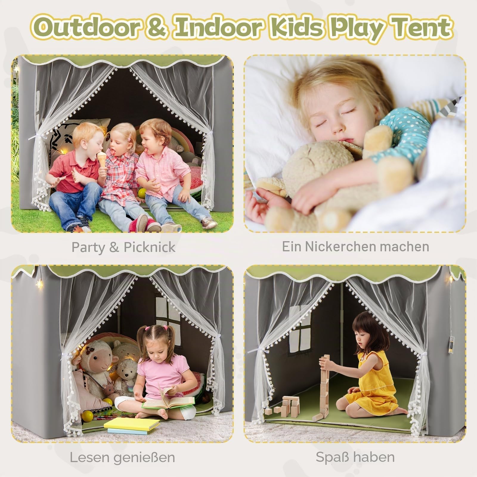 HOMASIS Kinderzelt für Indoor, Spielhaus mit Matte & Sternlichtern & Fenstern & doppeltem Vorhang, Kinder Spielzelt Prinzessin Kinderspielzelt Bettzelt für Mädchen & Jungen (Grün, Warmes Licht)
