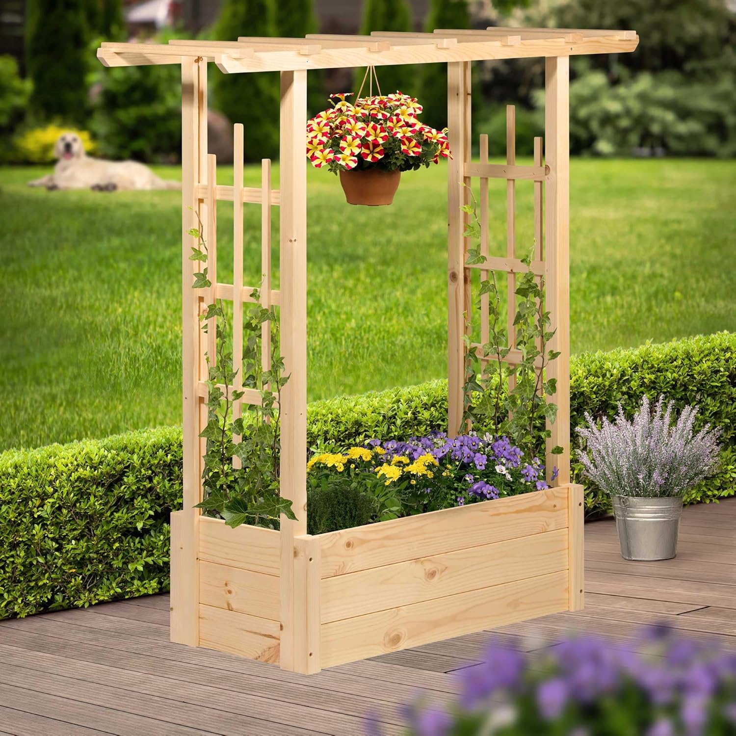 dobar® Pergola Planter with Integrated Trellis | Raised Bed Made of Spruce Wood | Large Flower Box | 117 x 39 x 119 cm | Natural