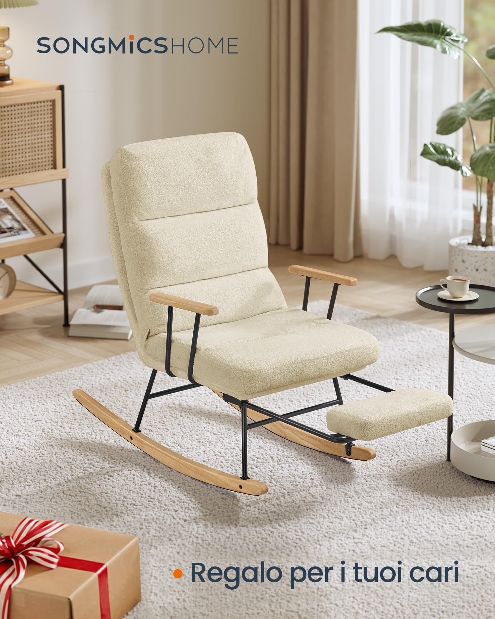 SONGMICS HOME Poltrona a Dondolo, Gambe in Legno di Hevea, Sedia a Dondolo, Schienale Regolabile a 4 Posizioni, Portata Massima 160 kg, Camera da Letto Soggiorno, Marrone Cammello LYY016LJ01