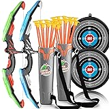 2 Pack Set Bow and Arrow Archery Toy for Kids, LED Light Up with 20 Suction Cup Arrows Target & Quiver, Outdoor Toys Kids Boys Girls Ages 3-12 Years Old Green and Blue