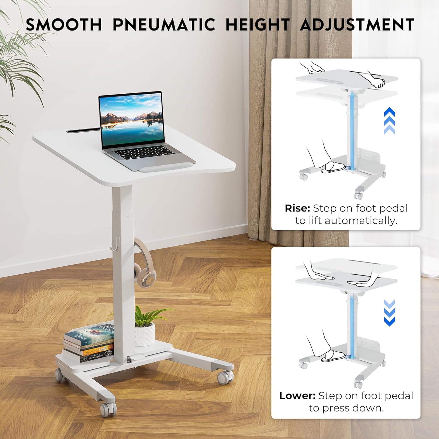 BONTEC Mobile Standing Desk Black, 23.6 x 20.5 90° Tilting Desktop, Foot Pedal Height Adjustable, Foldable Portable Workstation with Pegboard Storage Shelf, Rolling Base with Hooks and Smooth Wheels BONTEC Mobile Standing Desk Black, 23.6 x 20.5 90° Tilting Desktop, Foot Pedal Height Adjustable, Foldable Portable Workstation with Pegboard Storage Shelf, Rolling Base with Hooks and Smooth Wheels