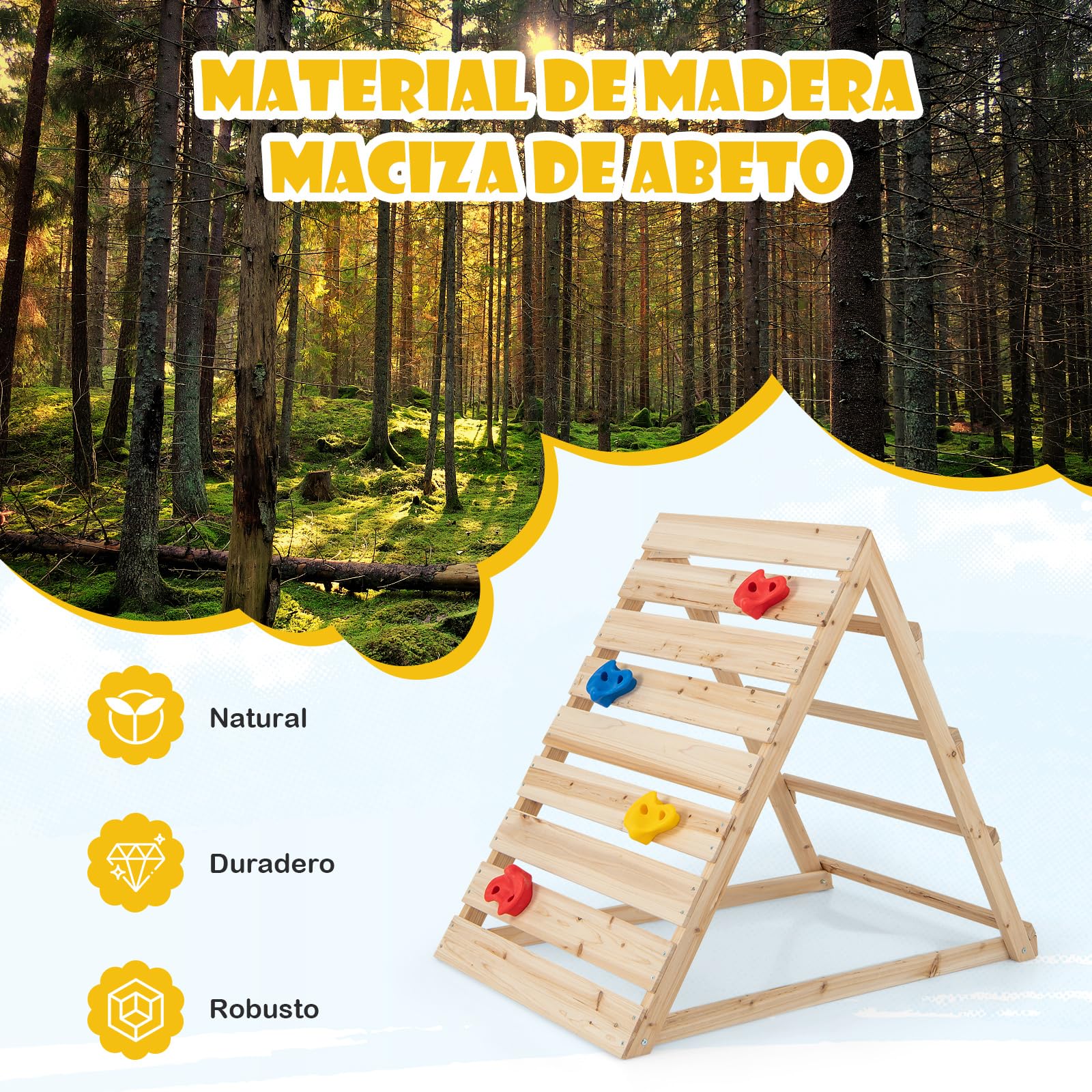 COSTWAY Triángulo Escalada para Niños, Escalador Triangular de Doble Cara con Coloridas Rocas y Escaleras para Escalar, Triángulo de Aprendizaje Montessori para Niños de 3-8 Años, Natural
