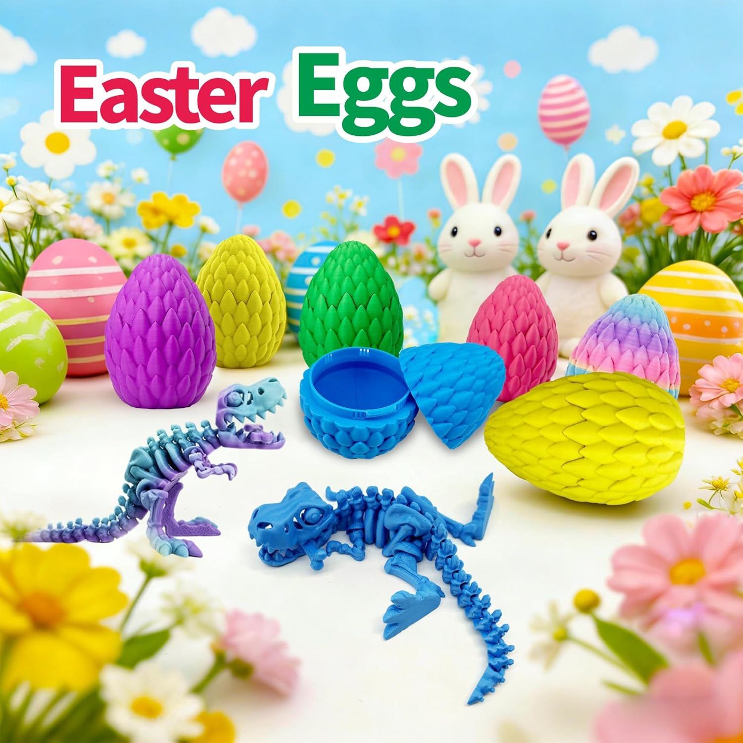 BOYLOVE 6Pcs Prefilled Easter Eggs with 3D Printed Dinosaur Toys, 3D Printed Dragon Animals, Cool T-Rex Fidget Toys for Easter Basket Stuffers, Birthday Party Favors & Kids Gifts