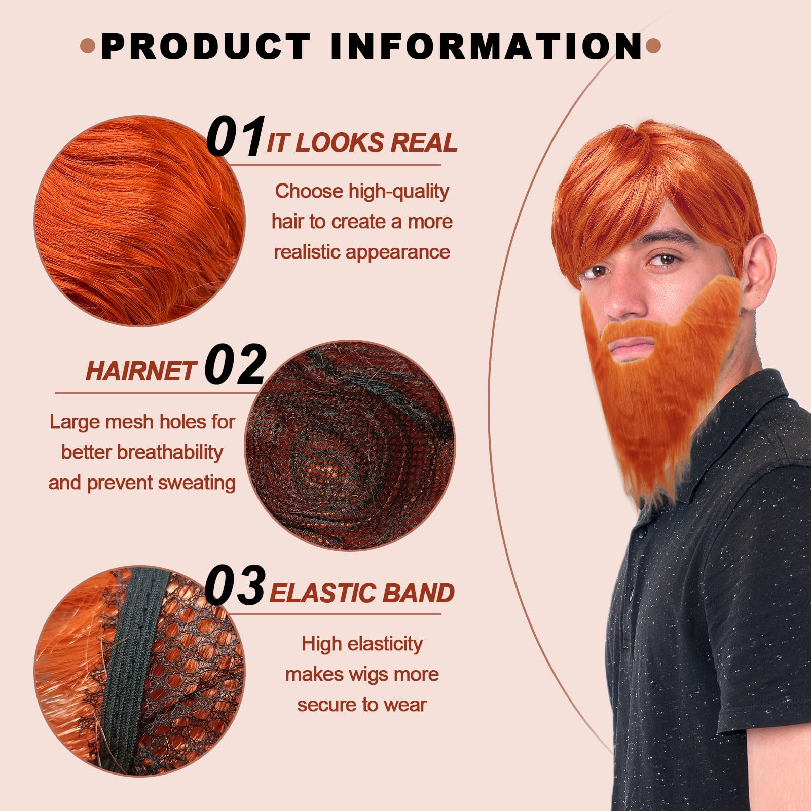 UILYNIU 2 Pcs Men's Wig with Big Beard - Ginger Boyband Punk Rock Fancy Dress Orange Wig for Men 60s 70s 80s Costume Accessories - Image 3