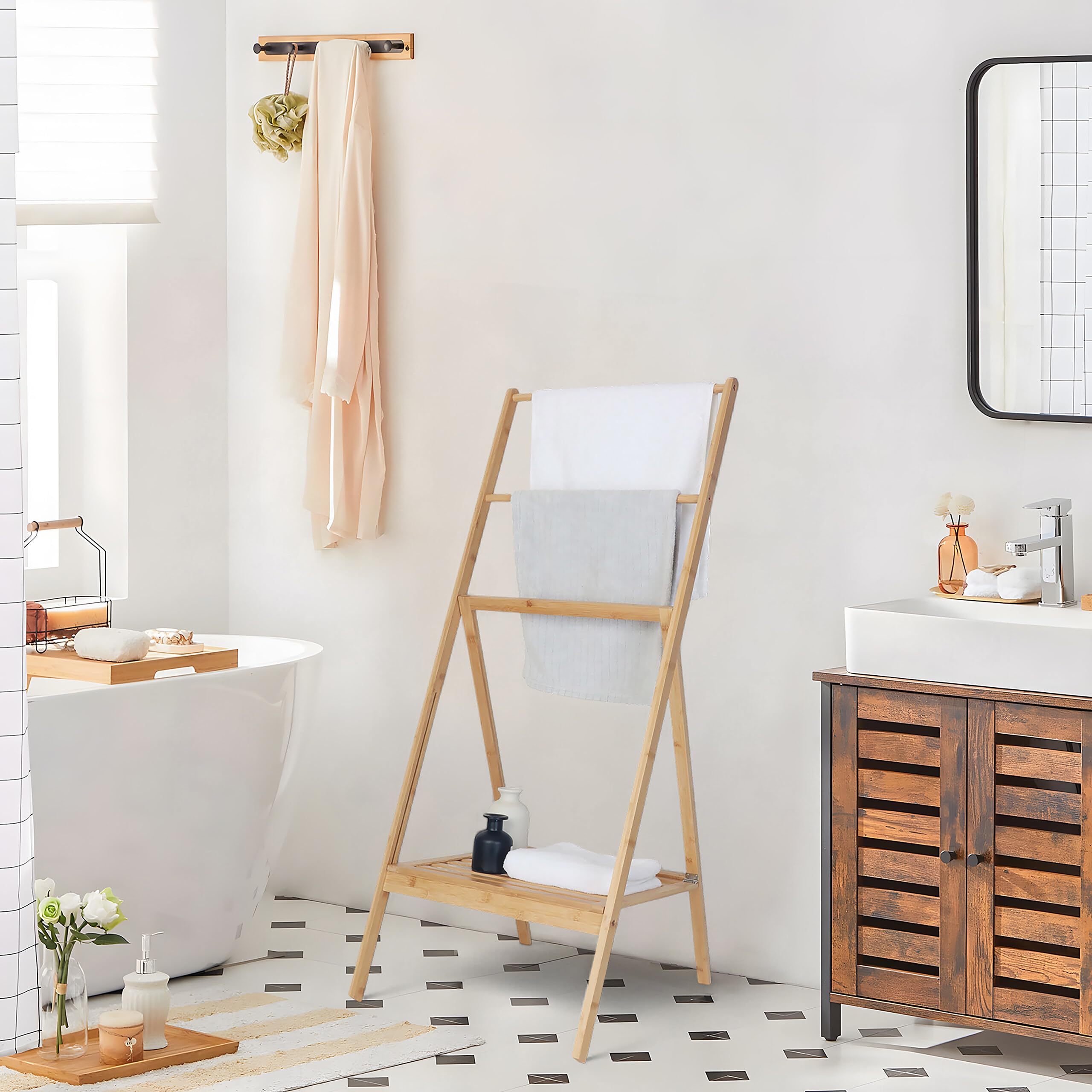 Relaxdays Toallero de bambú, Plegable, con Estante, 3 Barras, 112 x 55 x 44,5 cm, Soporte para Toallas, Color Natural