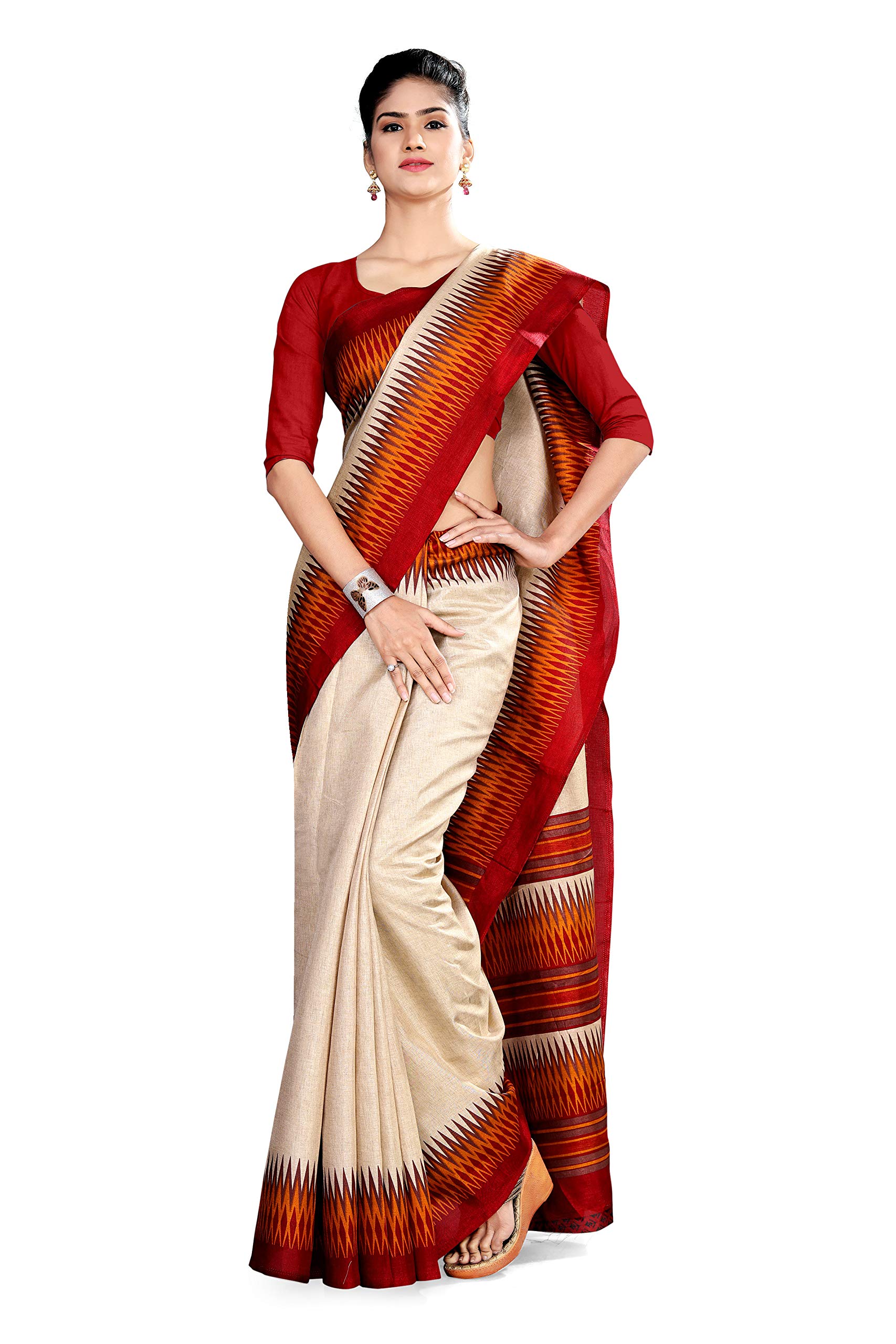 Uniform Sarees CorpWomen's Polycotton Saree With Blouse Piece (D.No-815/2019_Beige & Red)
