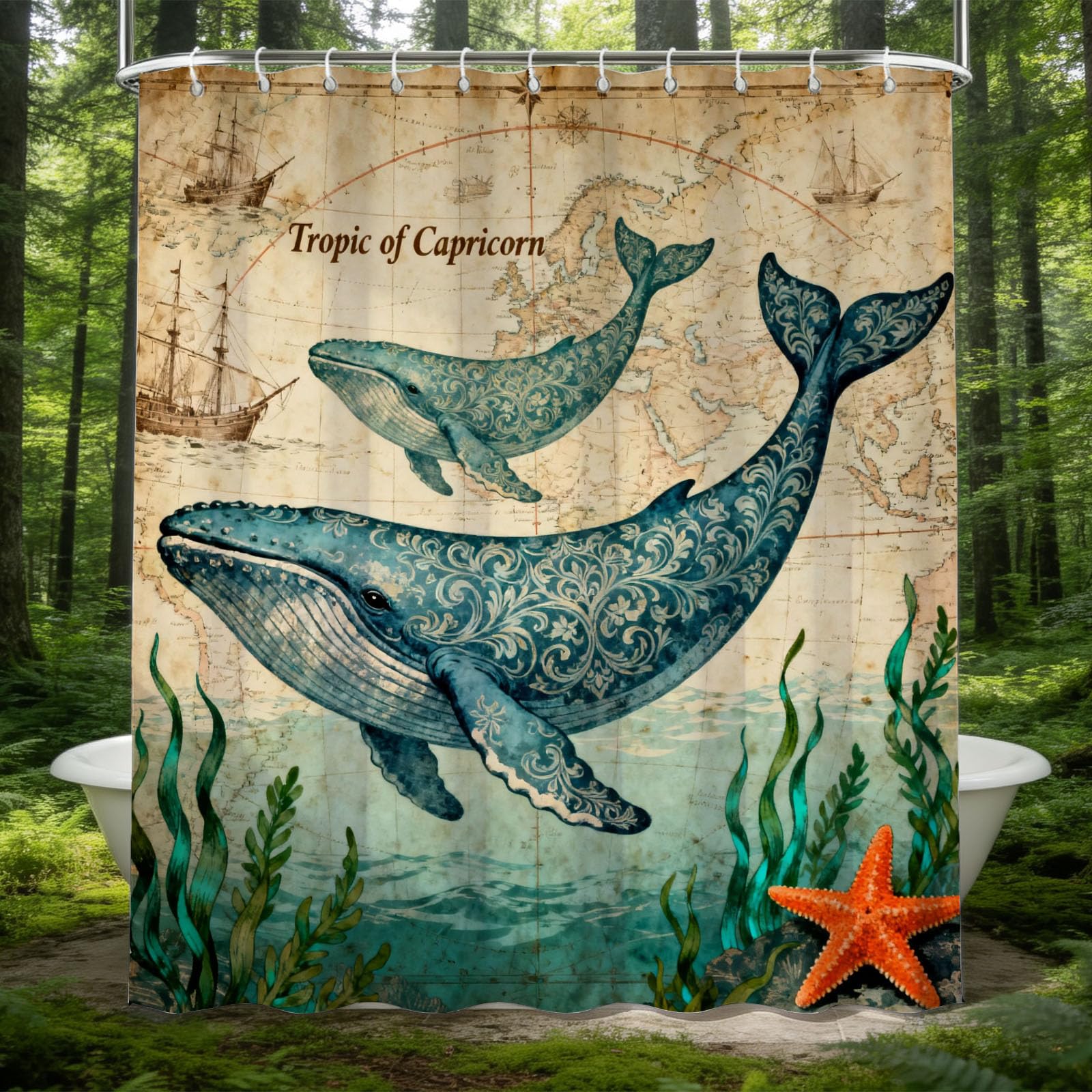 Hongduo 3D Vintage Whale Shower Curtain for Stalls Bathtubs Ocean Theme Bathroom Decor Shower Curtain Set Polyester Fabric Waterproof 200x200cm/79X79 Inch with Hooks