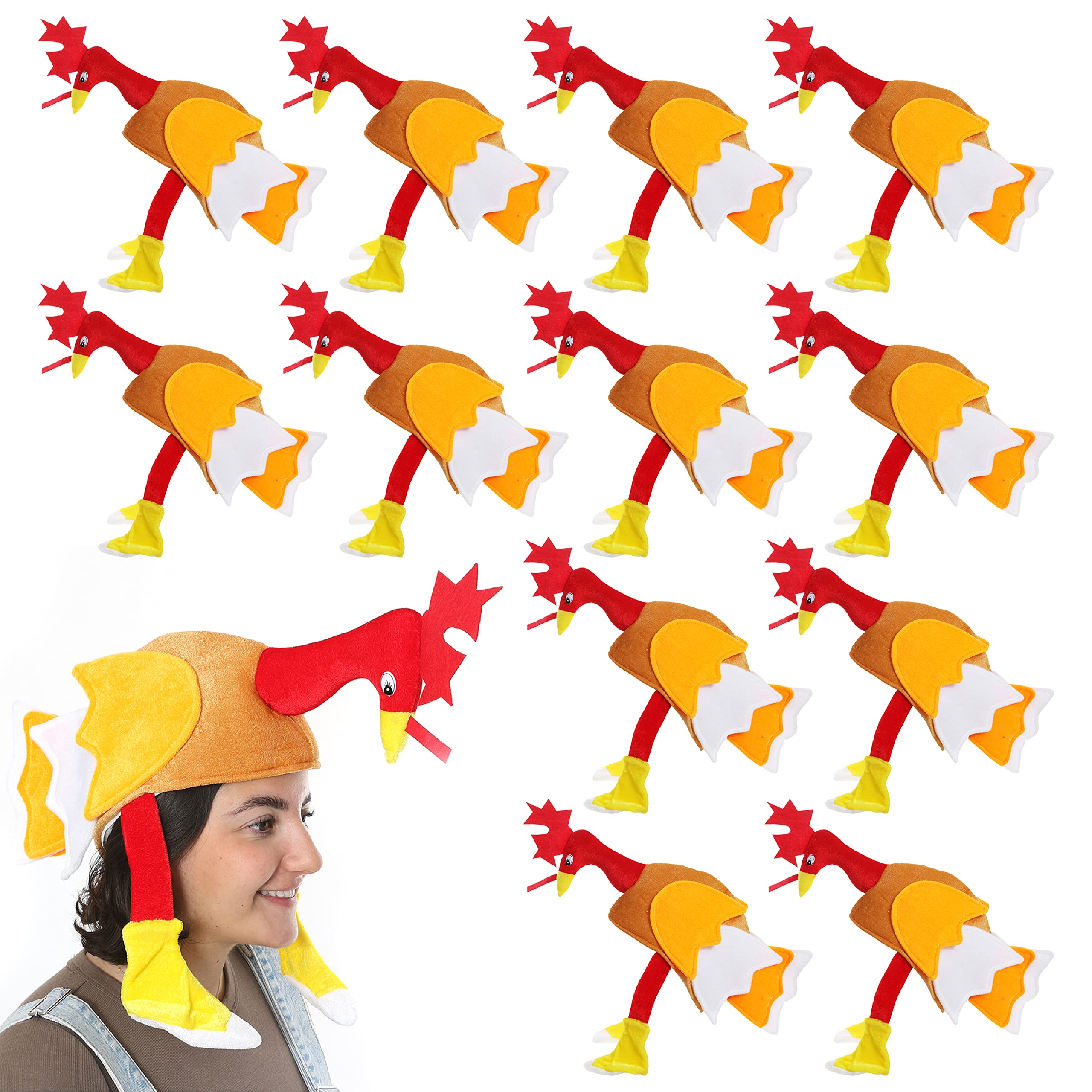 Adults Turkey Hat - Plush Brown Turkey Hat With Red Crest and Dangling Yellow Legs - Funny Mens Ladies Christmas Novelty Fancy Dress Hat Accessory - Pack Of 12