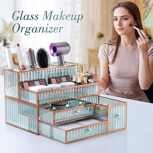 Miniatura 3 de Organizador de maquillaje para encimera, de vidrio templado, para cosméticos, cuidado de la piel, herramientas para el cabello, cepillos, perfumes,