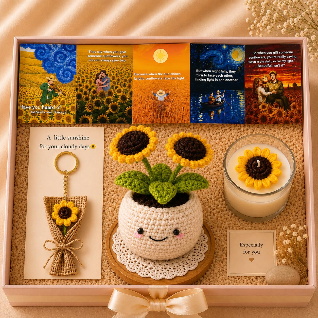 HelloBear Sunflower Gift Box - Handwoven Crochet Plant, Keychain & Candle – Gift for Girlfriend, Wife, Sister, Women, Home Decoration (Sunflower Theory Pot and Card, Keychain, Candle)-image-19