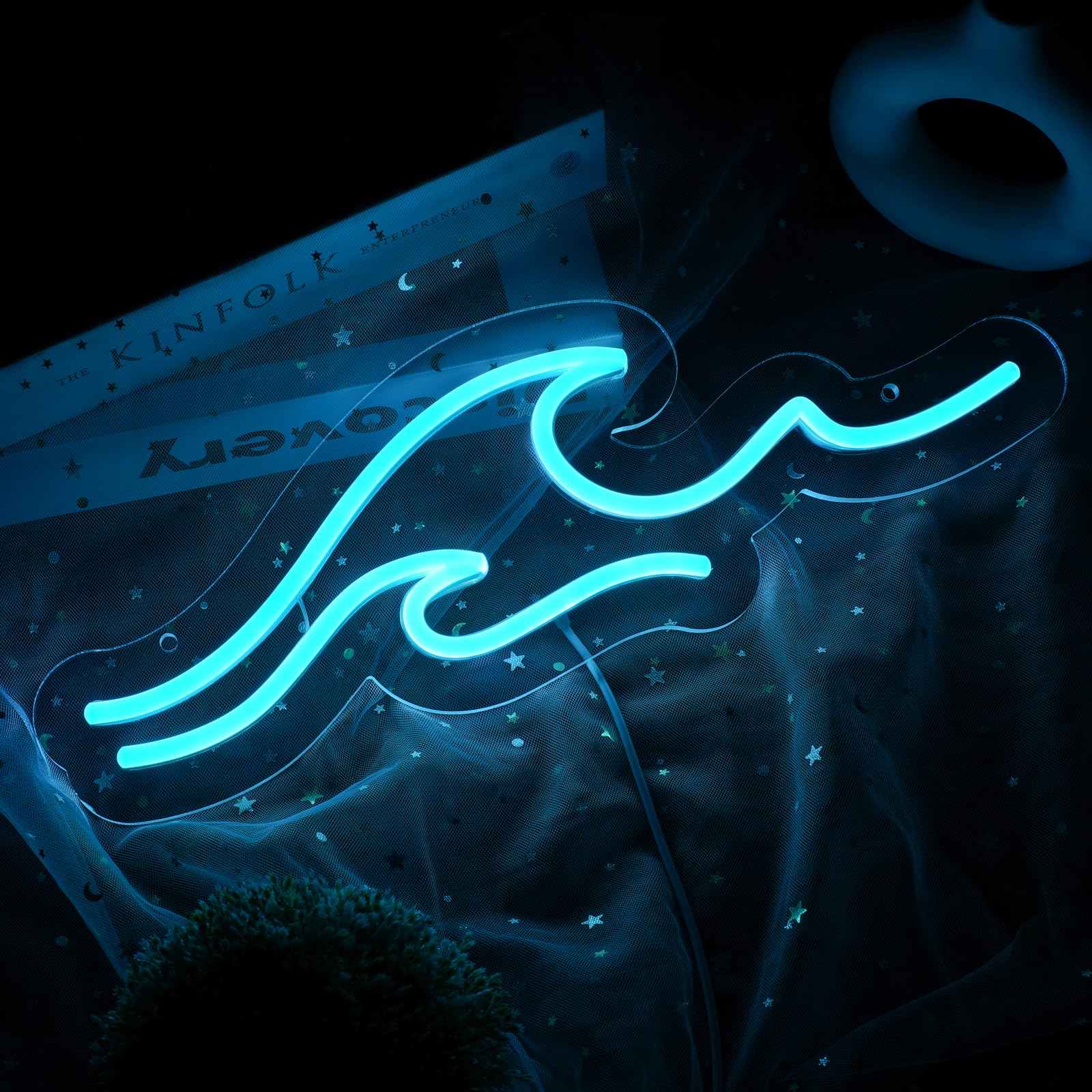 MissAudrey Wave Neon Signs with Cycle Timer, 15 * 5.1" Dimmer Ice Blue Wave Led Neon Light Sign For Kids Wall Decor USB Powered For Living Room Bar Bedroom Decorations Gift for Christmas — image 1