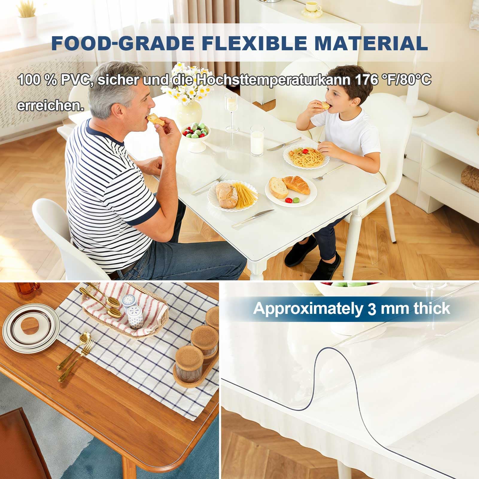 Nappe Transparente sur Mesure, 97x152cm Toile Cirée PVC Transparente, 3 mm Protège-Table, Nappe Anti-Taches pour Table, Nappe Transparente Épaisse, Facile à Nettoyer, Bord Droit