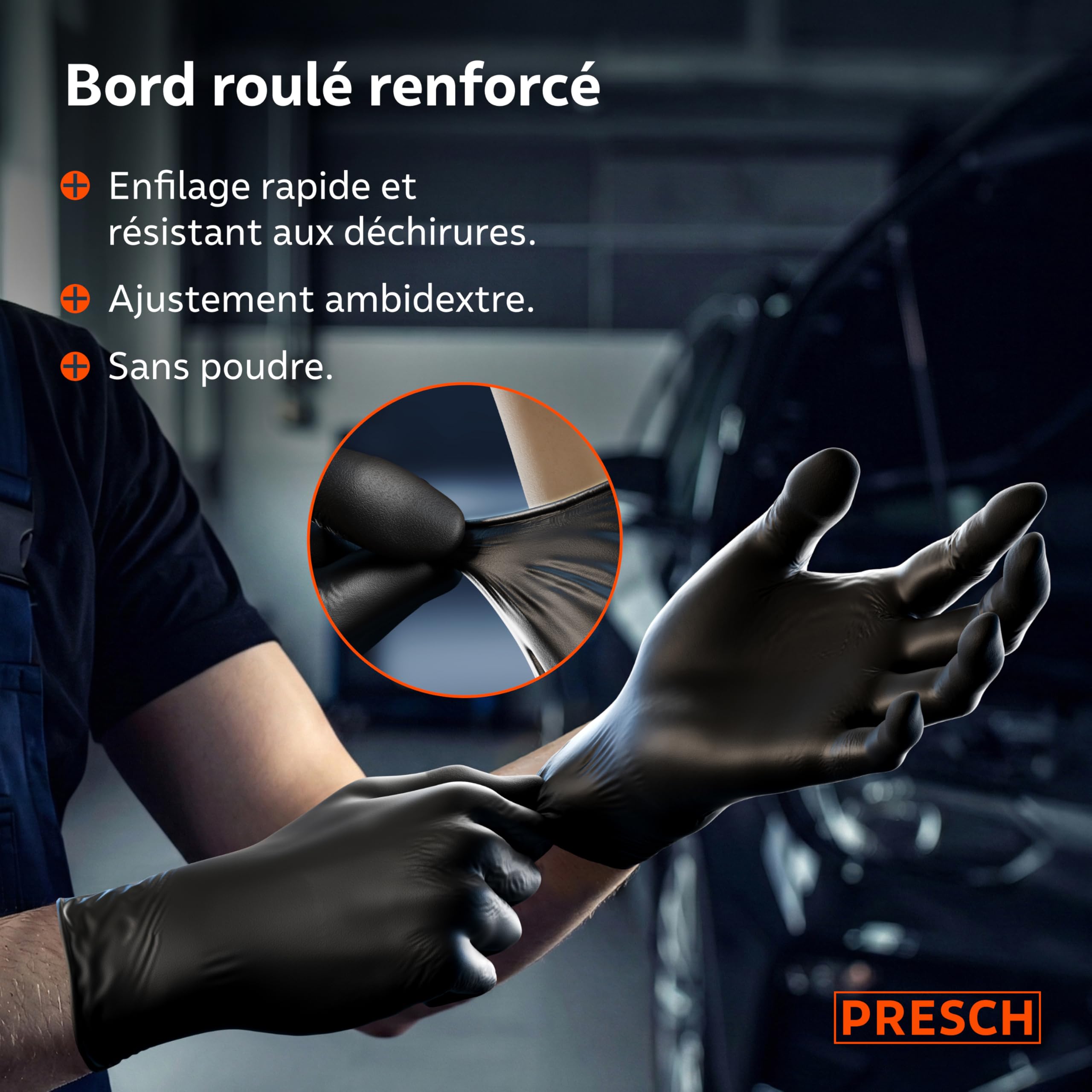 PRESCH Gants Jetables Noir 100 pc (L - 9) - Gants en nitrile avec bouts de doigts texturés - Sans latex et poudre - Résistant aux déchirures grâce à son bord roulé renforcé