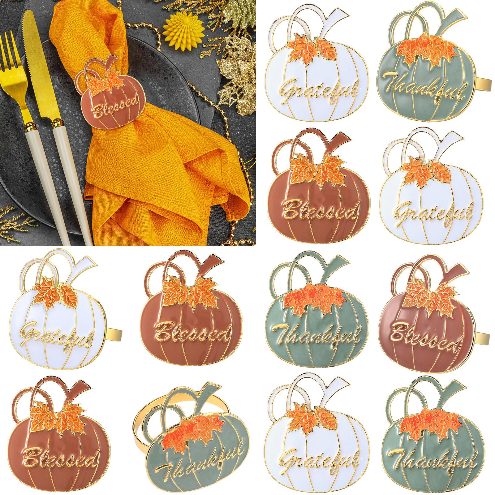 WILLBOND 12 Pcs Fall Thanksgiving Pumpkin Napkin Rings, White Orange Green