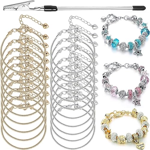 20 Pieces Snake Chain Charm Bracelet with Bracelet Helper Adjustable Snake Charm Bracelet Chains with Heart Lobster Clasp Extender Chain DIY Bracelet Chain for Women Girls Jewelry Making Supplies