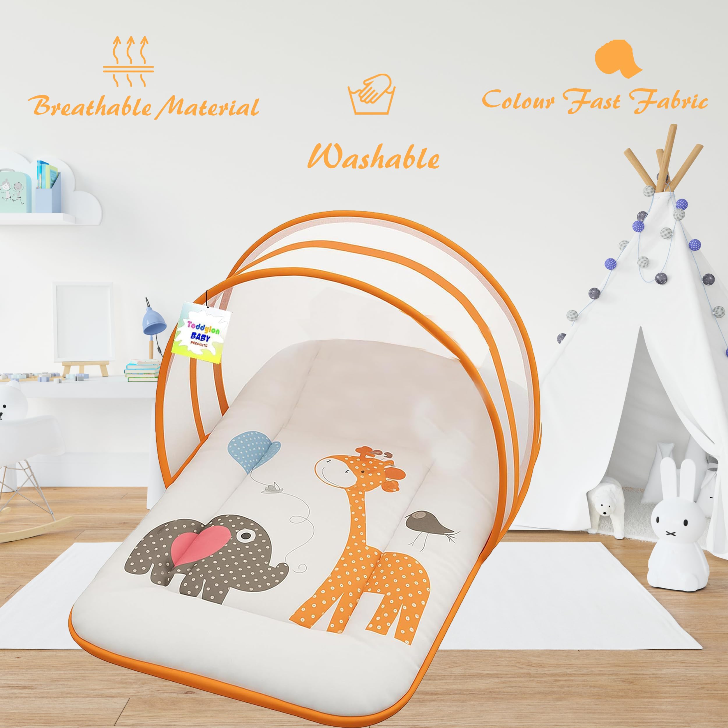 Toddylon Baby Bedding Set New Born Baby | Mattress | Mosquito Net | Insect Protector | Infants Carry Bed | Gadda Set (0-6 Months) Orange 2