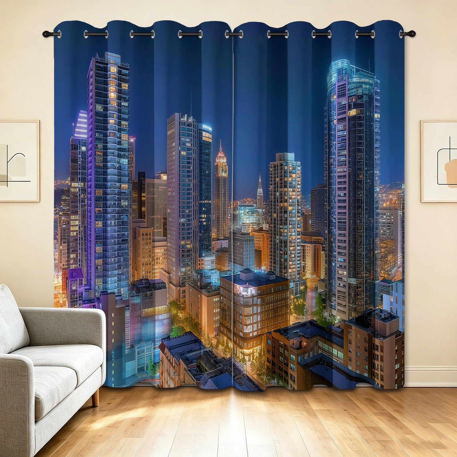 Cortinas opacas con ojales, juego de 2 unidades, 225 x 140 cm (alto x ancho), cortinas opacas para salón, oficina, sala de reuniones, vestíbulo de hotel, fotografía panorámica urbana, protección UV