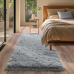 Grey Rugs for Bedroom 2x6 ft - Ultra Soft Faux Fur Area Rug - Plush Non-Slip Shaggy Carpet for Living Room, Cozy Fluffy Rug for Kids Boys Girls Dorm Nursery Room, High Pile Floor Carpet