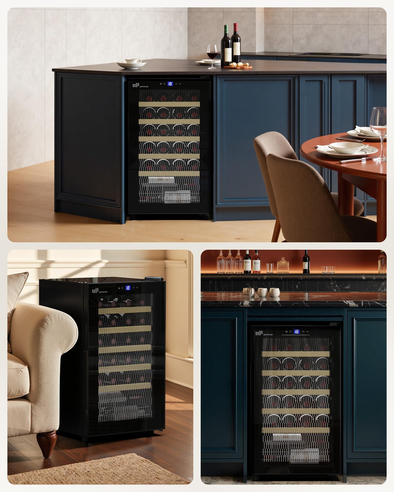 Upstreman Cantinetta Vino, 24 Bottiglie, Temperatura Regolabile 5°C - 20°C, da Incasso o Sottobanco, Doppio Vetro Isolante, Display Touch, Illuminazione LED, 5 Ripiani, Nero W24