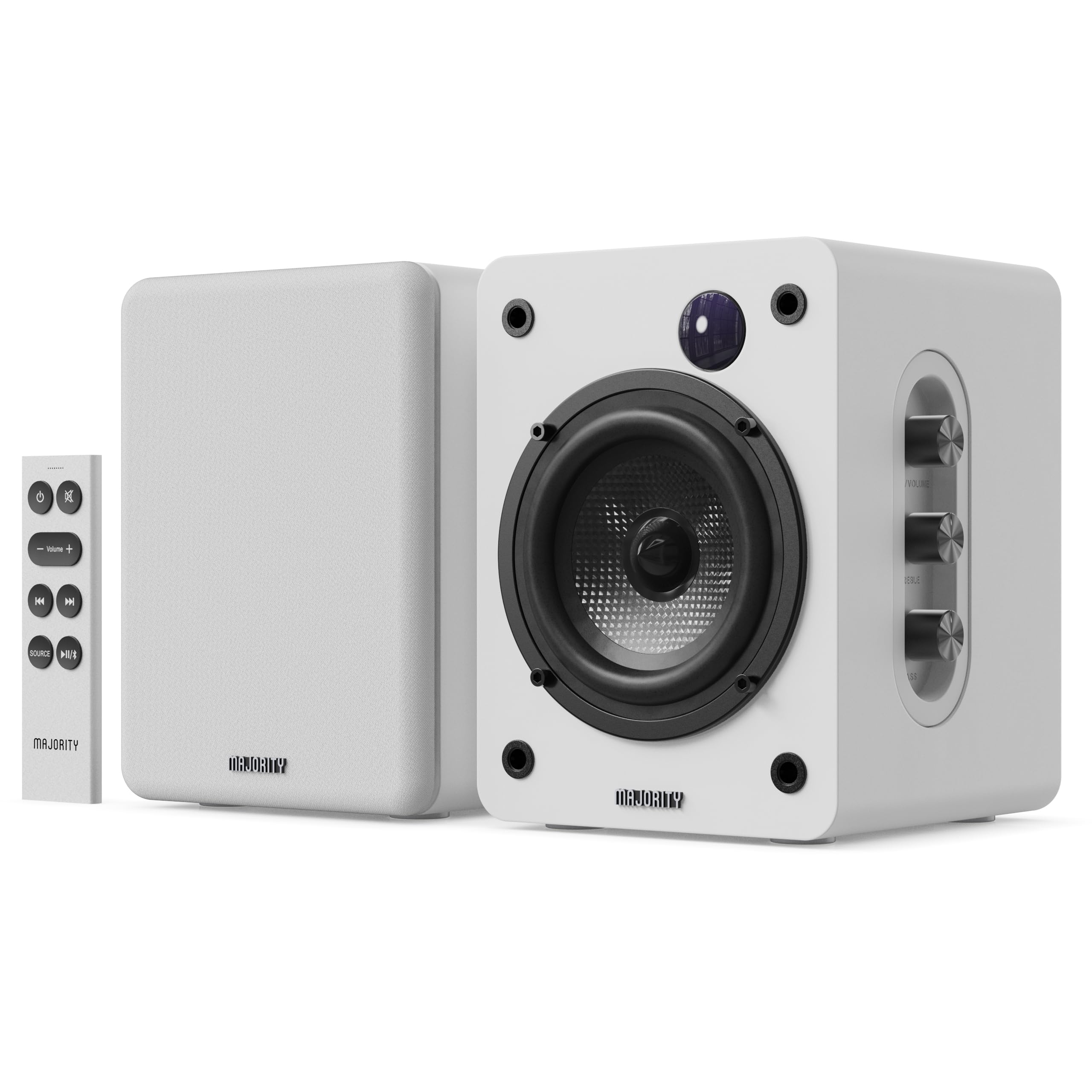MAJORITY D50X Altavoces Activos 2.0 de 60W para PC | Altavoces HiFi de estantería con Bluetooth 5.3, HDMI ARC y AUX | Monitores de Estudio con chasis de Fibra de Carbono (Blanco)