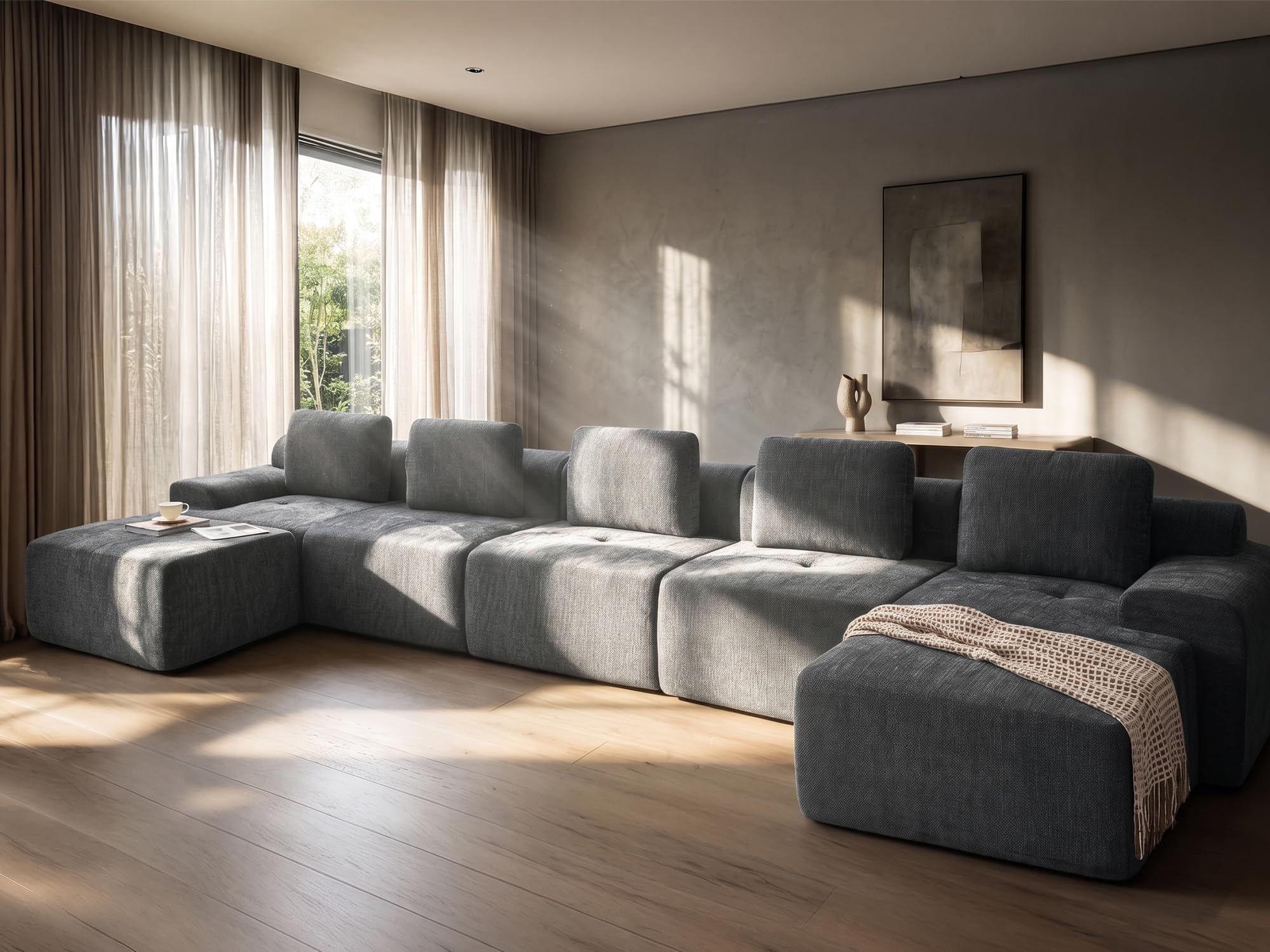 196" U Shaped Oversized Boneless Couch, Comfort Cloud Sectional Couches for Living Room, Modular Sofa High Back &amp; Extra Deep Seat, No Assembly, Soft Chenille (Dark Grey, 196 inch-U shaped（5+2）)
