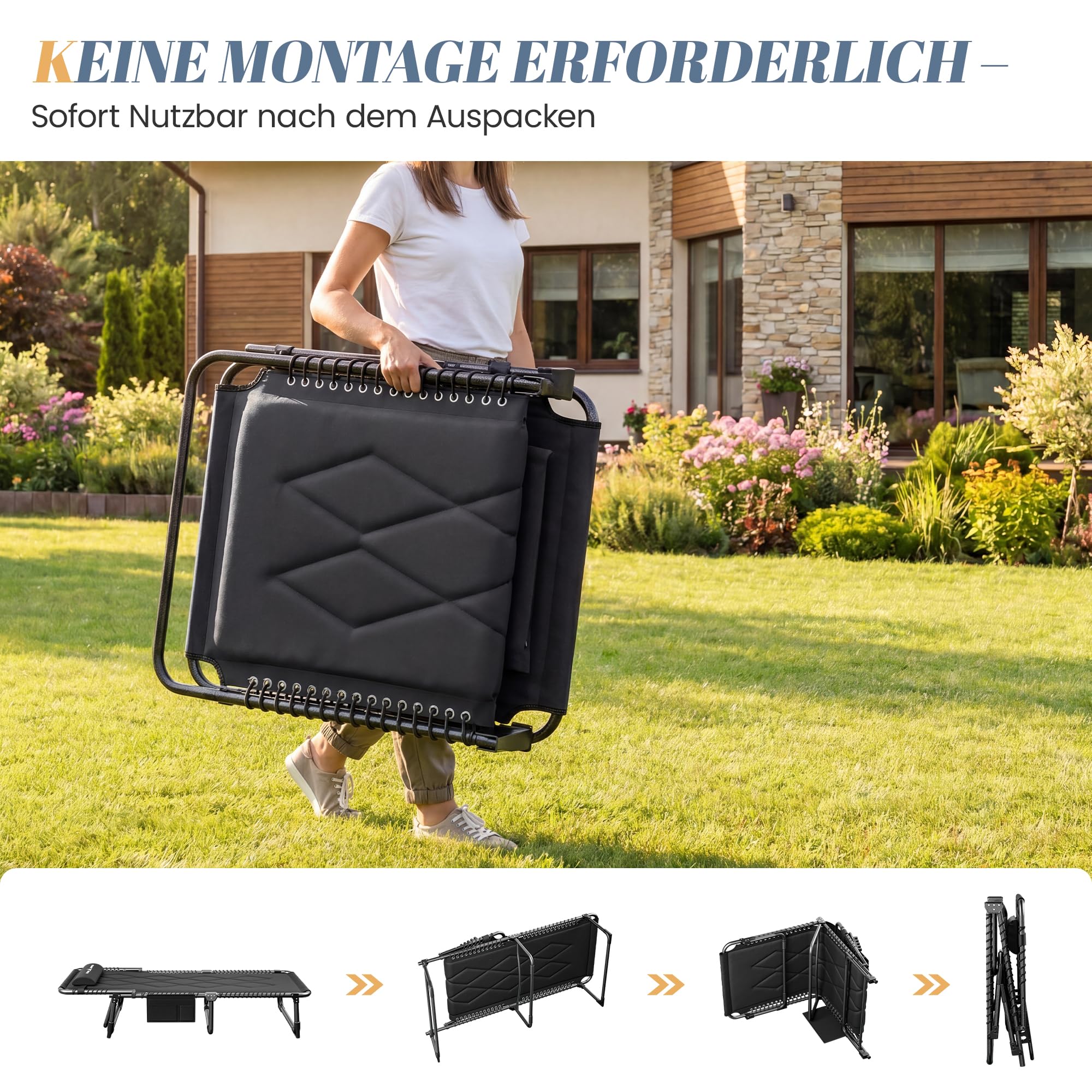 UDPATIO Camping Betten Feldbetten Klappbar, Liegestuhl Mit Auflage Polster, Gartenliege mit Verstellbarer Rückenlehne, Strandliege Campingliege für Outdoor Camping Schwarz
