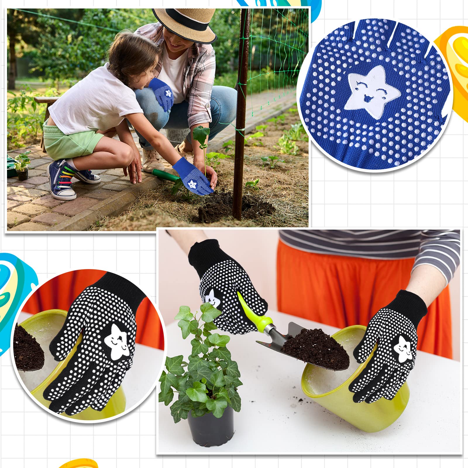 Jeyiour 50 paia di guanti da giardinaggio per bambini, guanti da lavoro antiscivolo rivestiti in gomma, guanti da giardinaggio per bambini (3-6 anni)