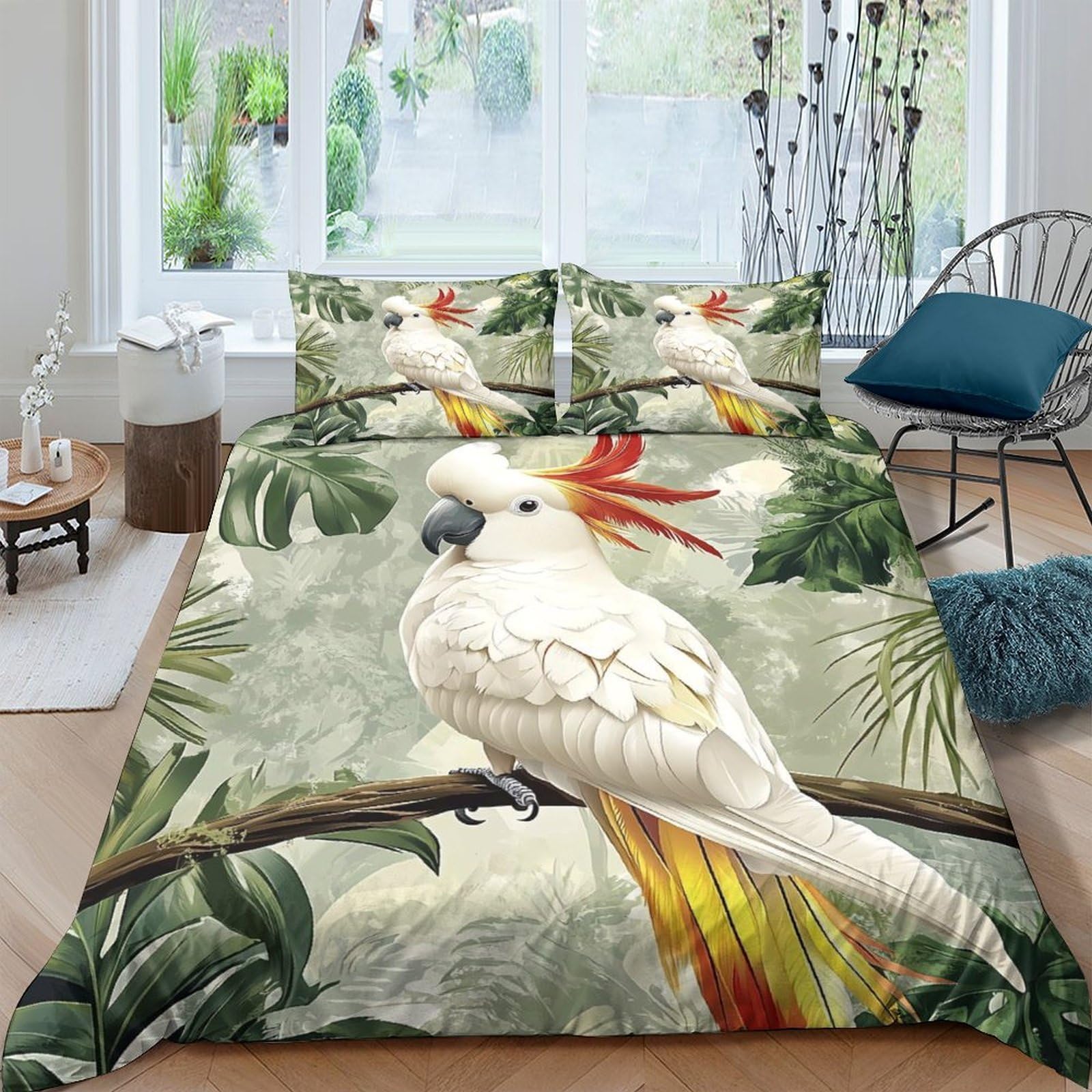 Ctjqhvkz Style-7 3D Printed White Cockatoo Fitted Sheet Microfiber Soft Breathable Tropical Forest Mattress Cover Bedroom Decor Single（135X200cm）