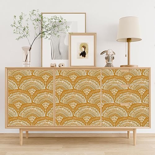 Miniatura 7 de VEELIKE Papel tapiz geométrico amarillo mostaza para despegar y pegar, papel tapiz geométrico bohemio, extraíble, de 17.7 x 118 pulgadas, apto para