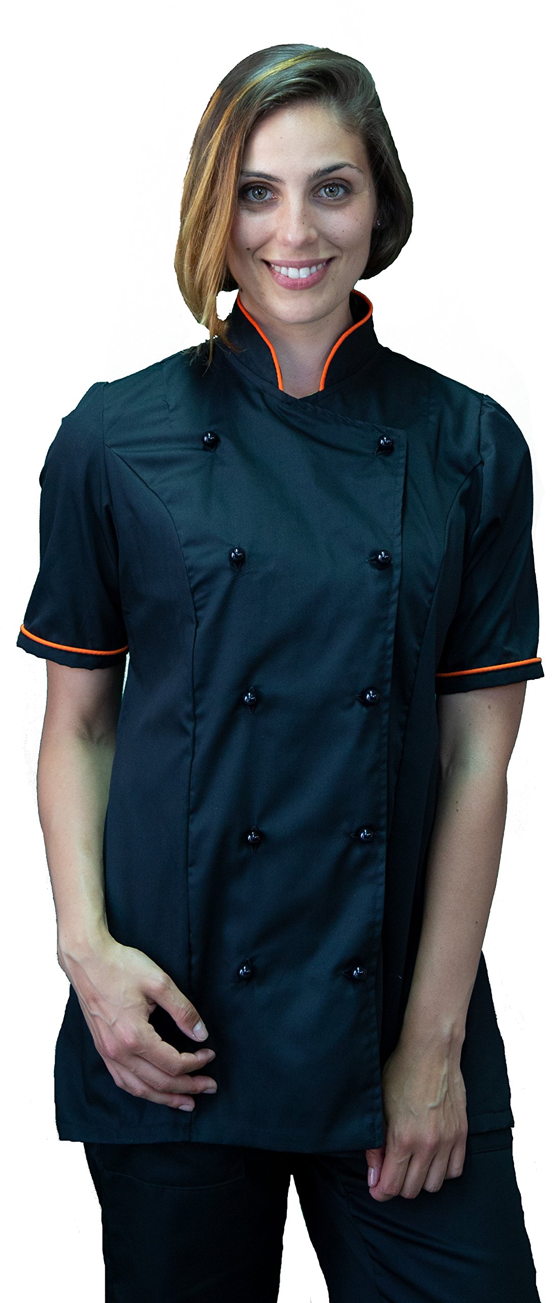 Ricamo Gratuito - Completo Cuoco da Cucina - Nero e Arancione - Divisa Chef Donna Manica Corta - Pantalone, Giacca e Grembiule - Made in Italy